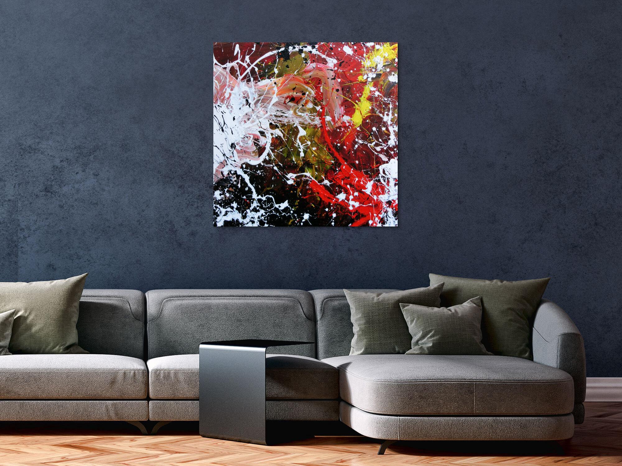 Abstraktes Acrylbild handgemalt modern Action Painting weiß rot gelb schwarz