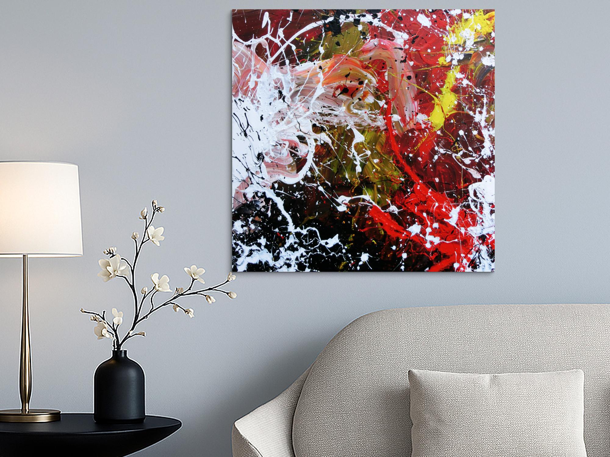 Abstraktes Acrylbild handgemalt modern Action Painting weiß rot gelb schwarz