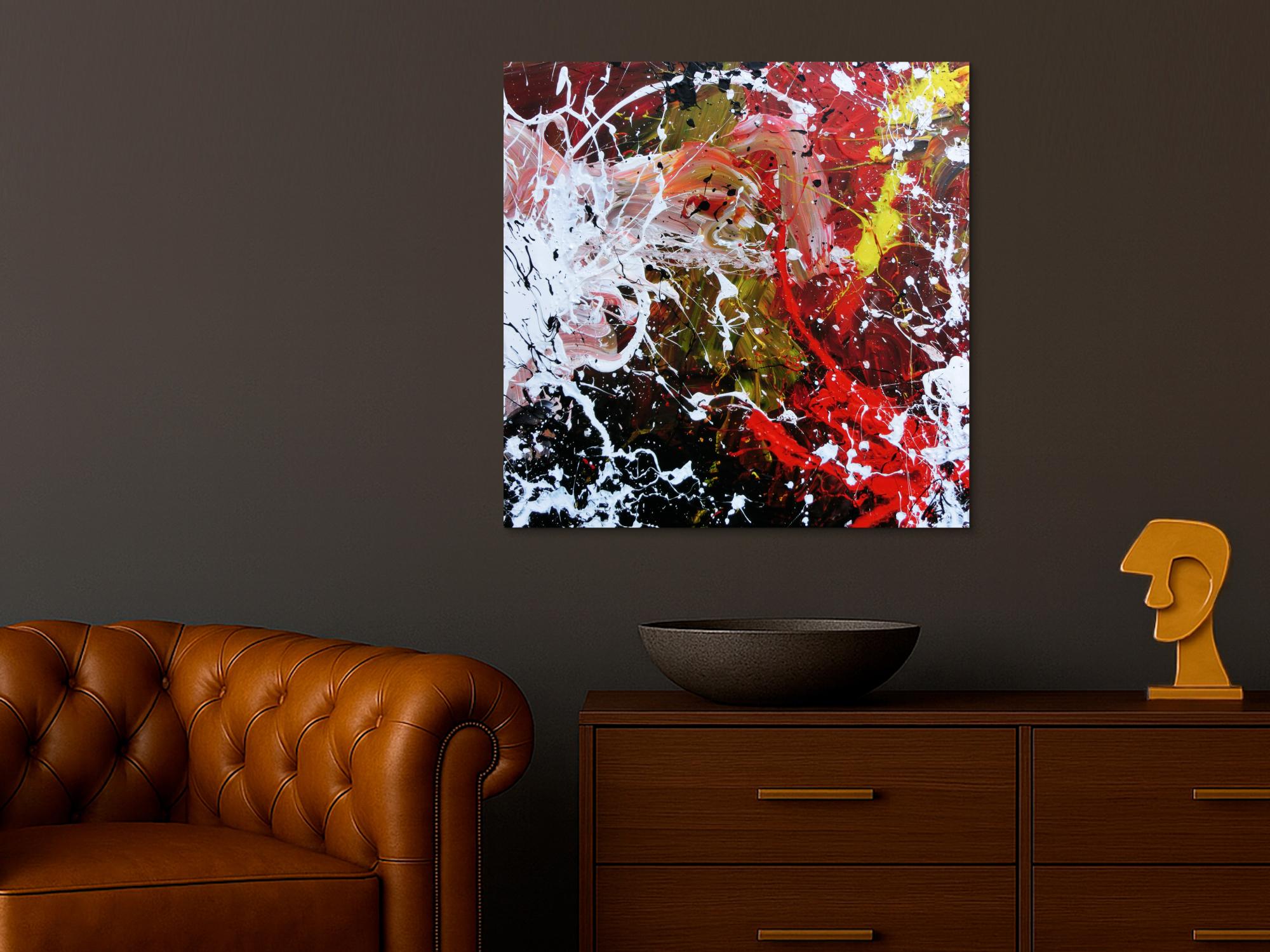 Abstraktes Acrylbild handgemalt modern Action Painting weiß rot gelb schwarz