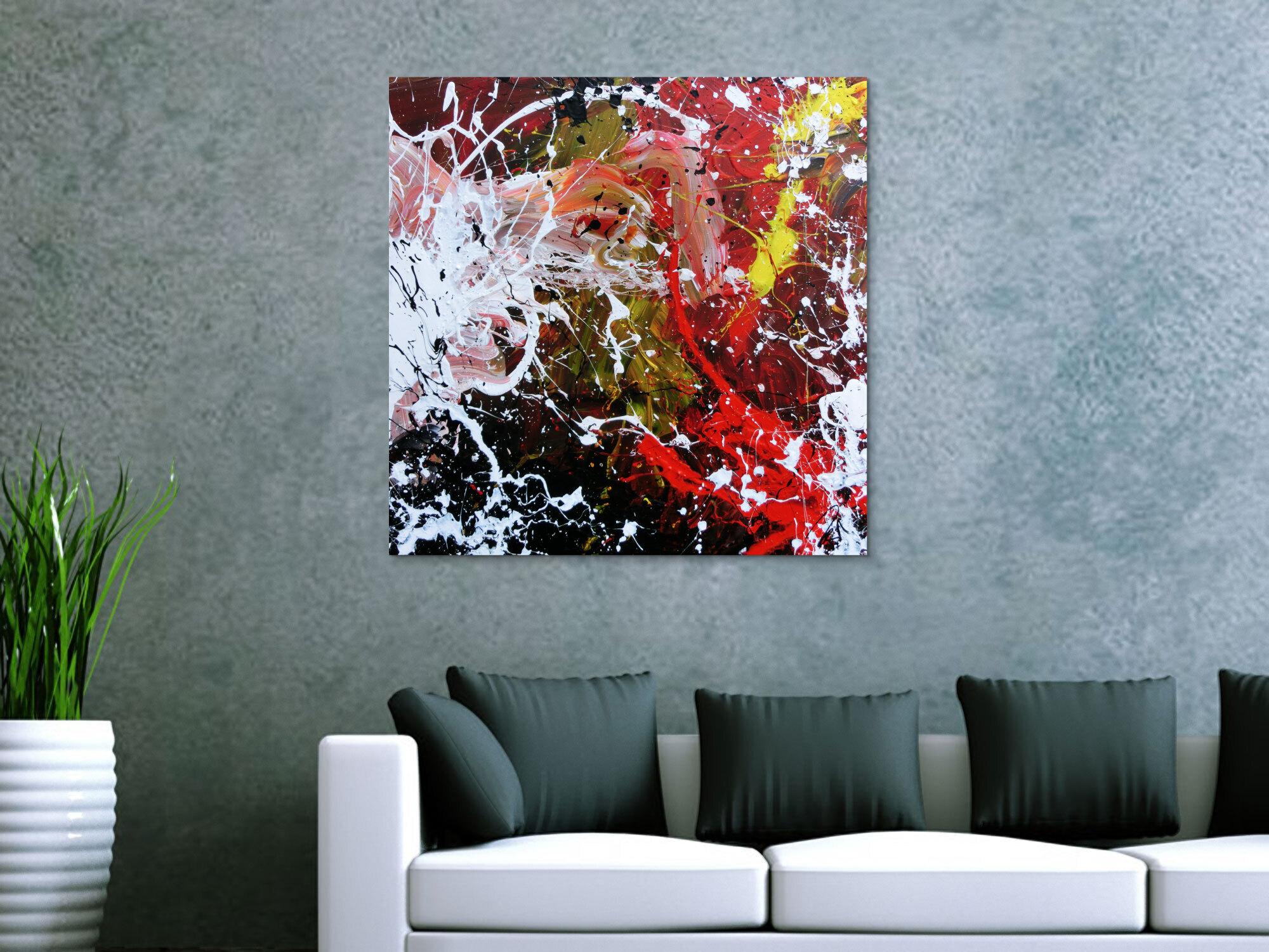 Abstraktes Acrylbild handgemalt modern Action Painting weiß rot gelb schwarz