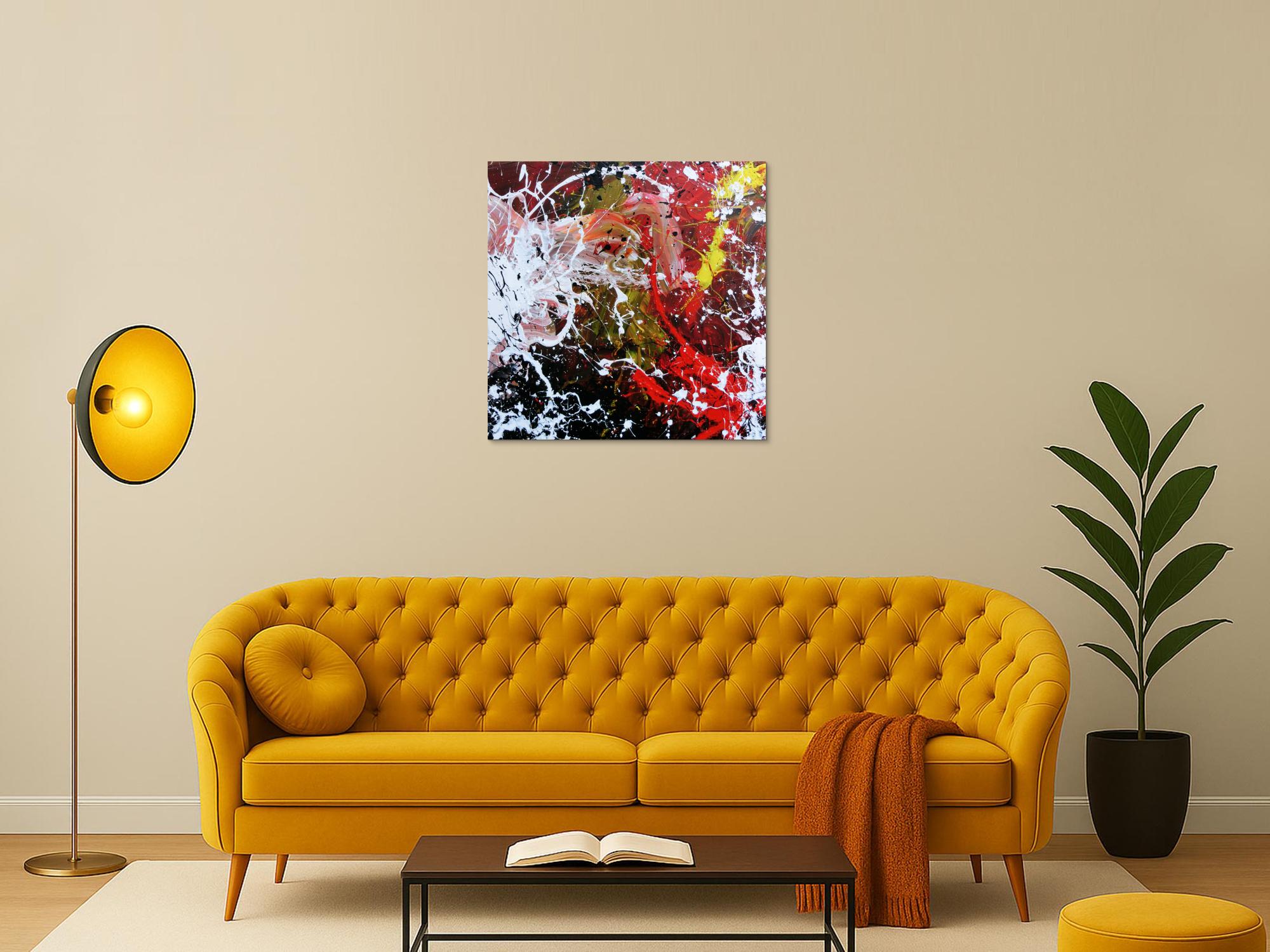 Abstraktes Acrylbild handgemalt modern Action Painting weiß rot gelb schwarz