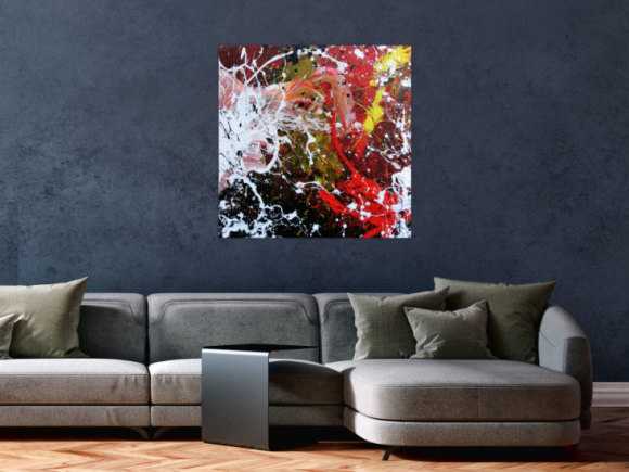Abstraktes Acrylbild handgemalt modern Action Painting weiß rot gelb schwarz
