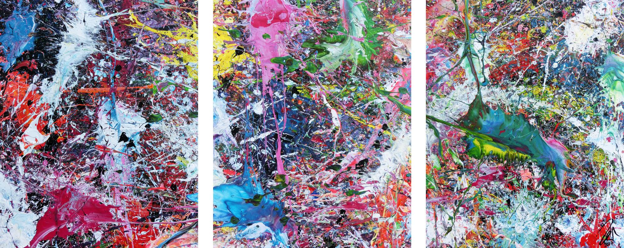 Abstraktes Gemälde sehr bunt drei Teile Triptychon modern Actionpainting expressionstisch
