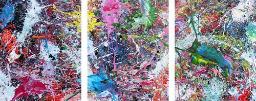 Abstraktes Gemälde sehr bunt drei Teile Triptychon modern Actionpainting expressionstisch