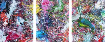 Abstraktes Gemälde sehr bunt drei Teile Triptychon modern Actionpainting expressionstisch