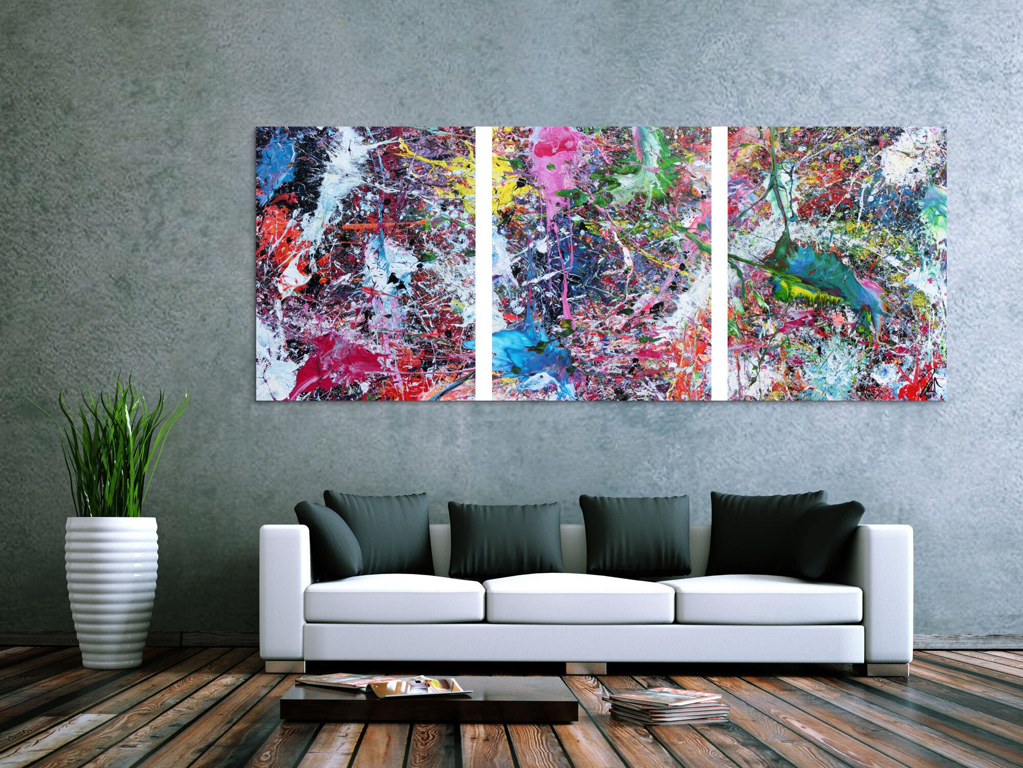 Abstraktes Gemälde sehr bunt drei Teile Triptychon modern Actionpainting expressionstisch