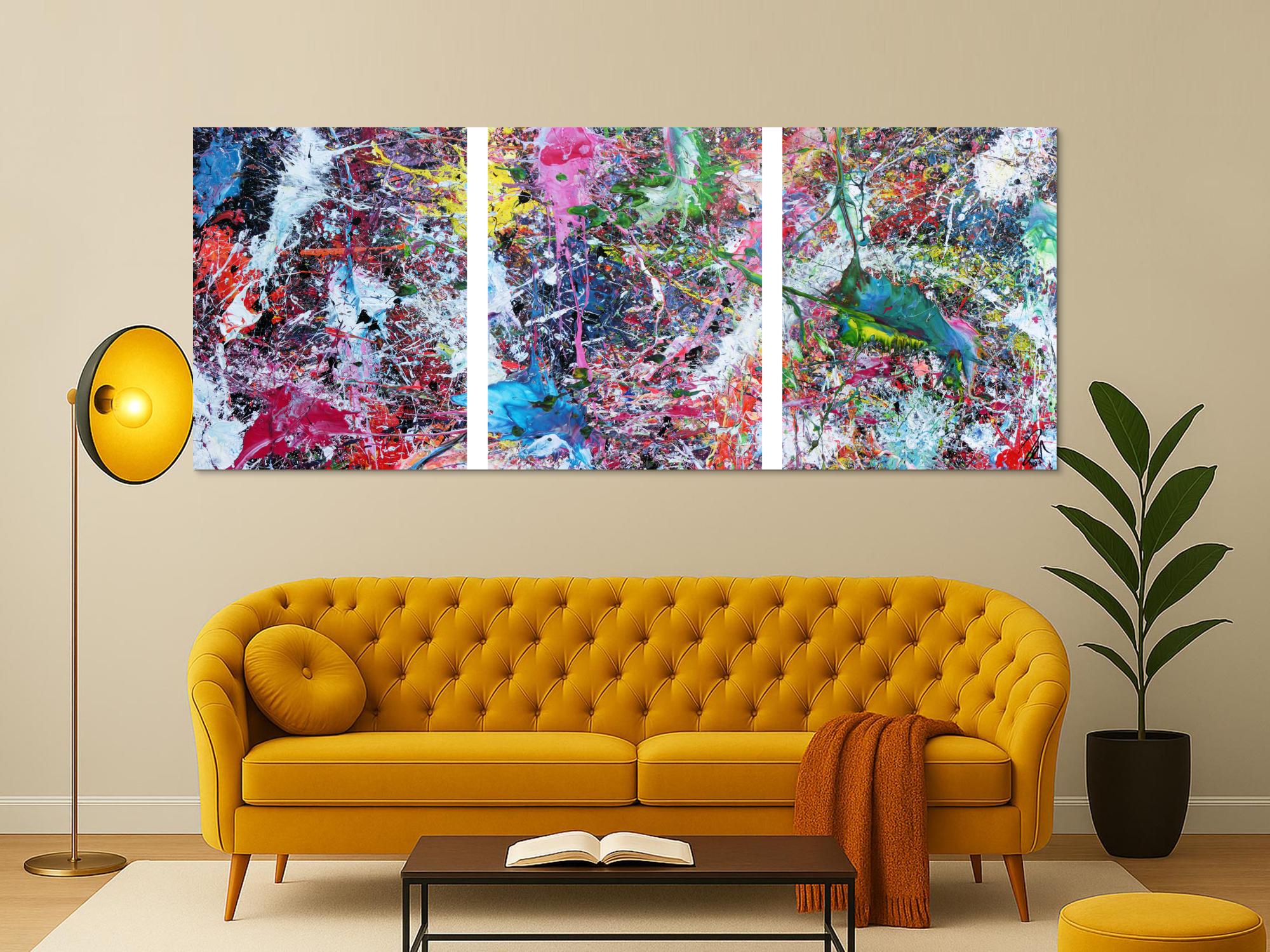 Abstraktes Gemälde sehr bunt drei Teile Triptychon modern Actionpainting expressionstisch