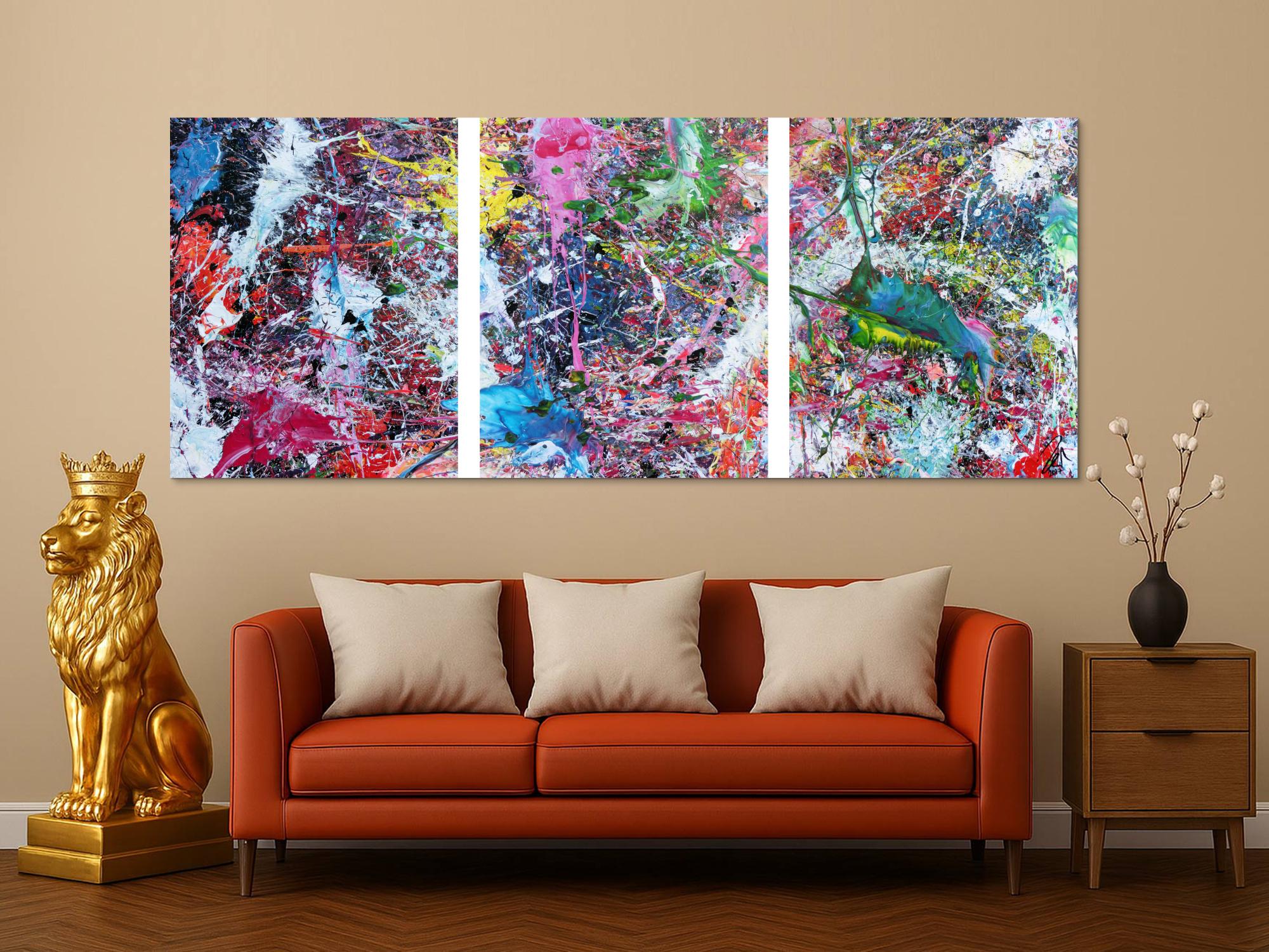 Abstraktes Gemälde sehr bunt drei Teile Triptychon modern Actionpainting expressionstisch