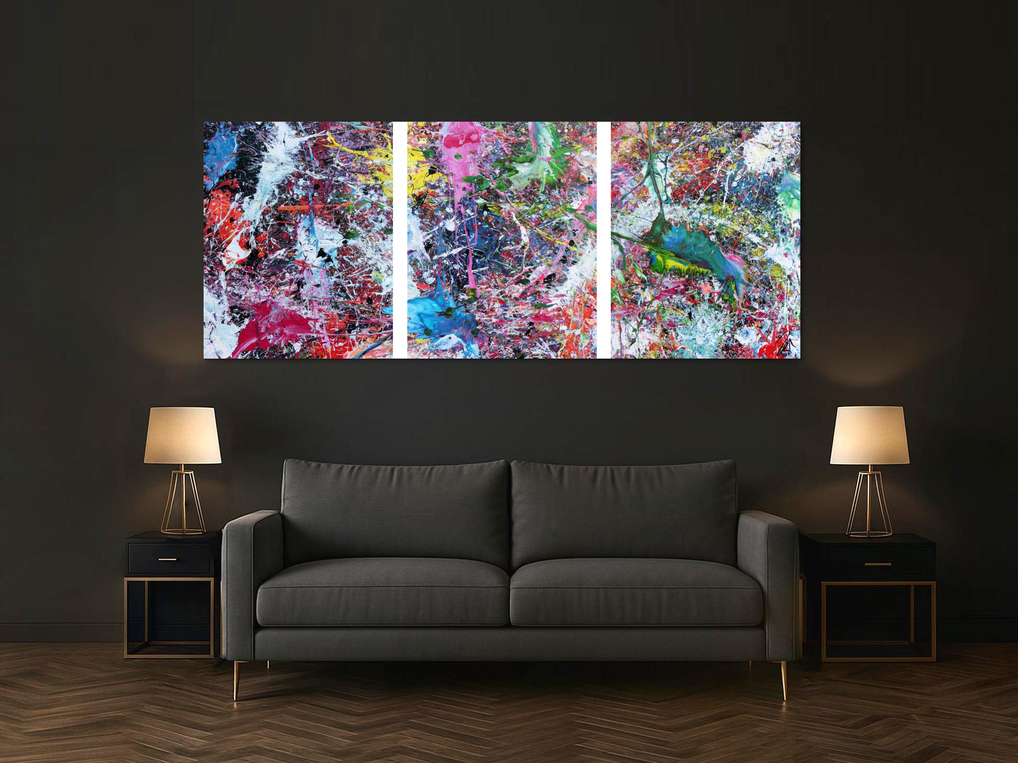 Abstraktes Gemälde sehr bunt drei Teile Triptychon modern Actionpainting expressionstisch