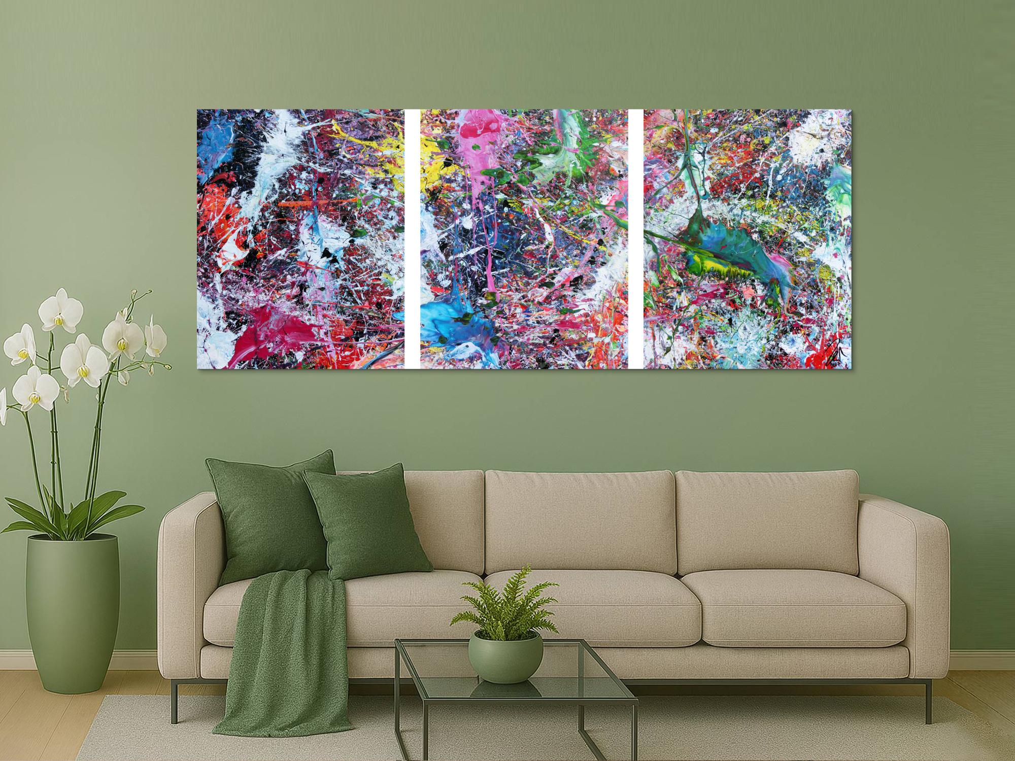 Abstraktes Gemälde sehr bunt drei Teile Triptychon modern Actionpainting expressionstisch