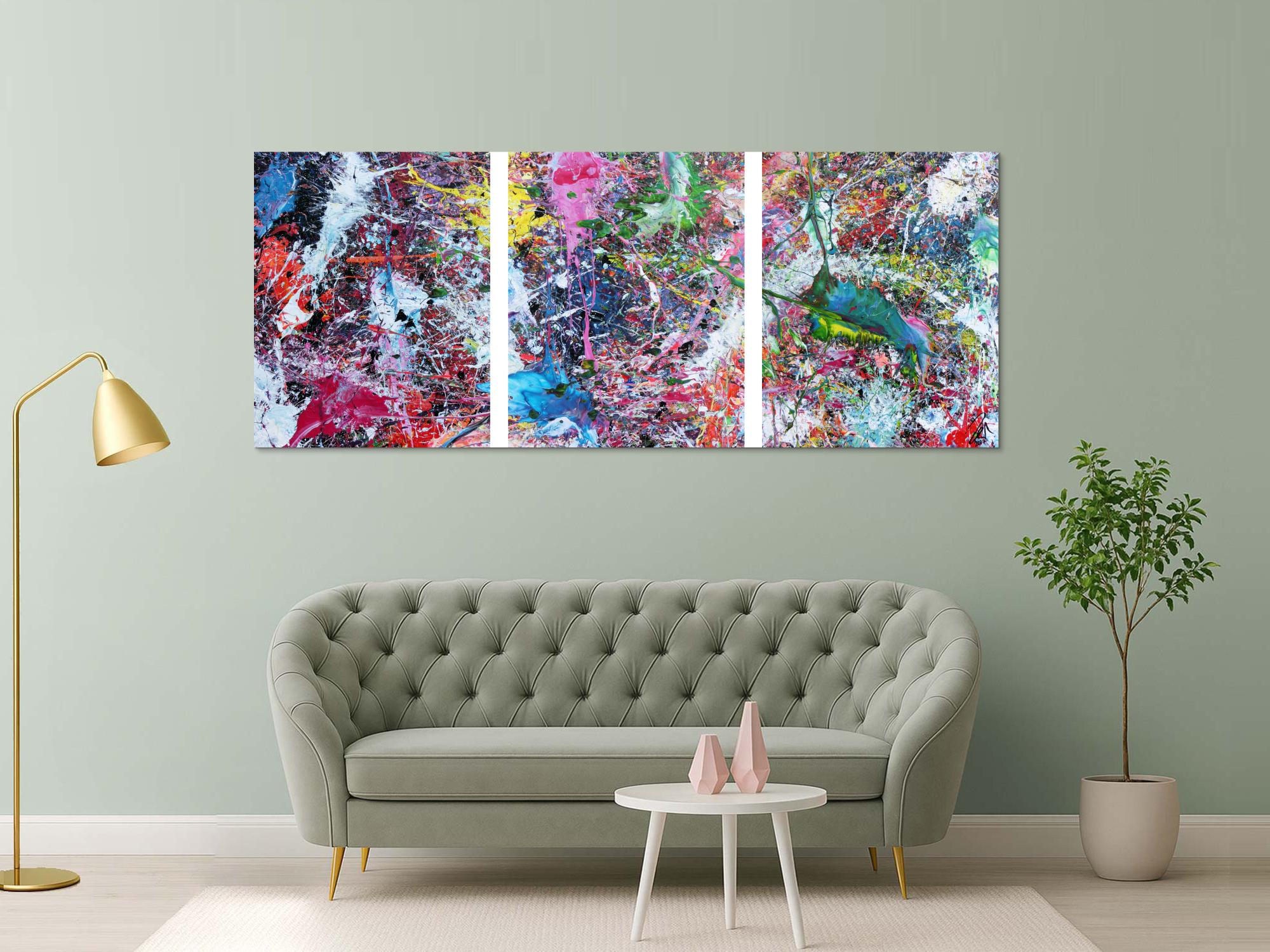 Abstraktes Gemälde sehr bunt drei Teile Triptychon modern Actionpainting expressionstisch