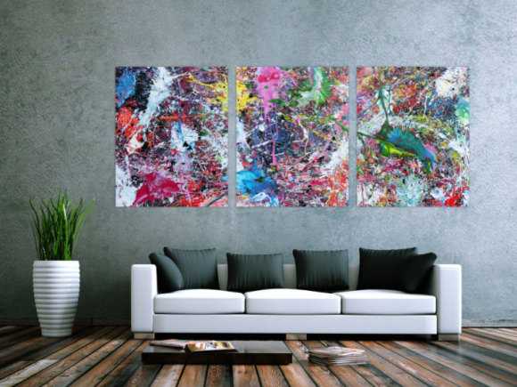 Abstraktes Gemälde sehr bunt drei Teile Triptychon modern Actionpainting expressionstisch