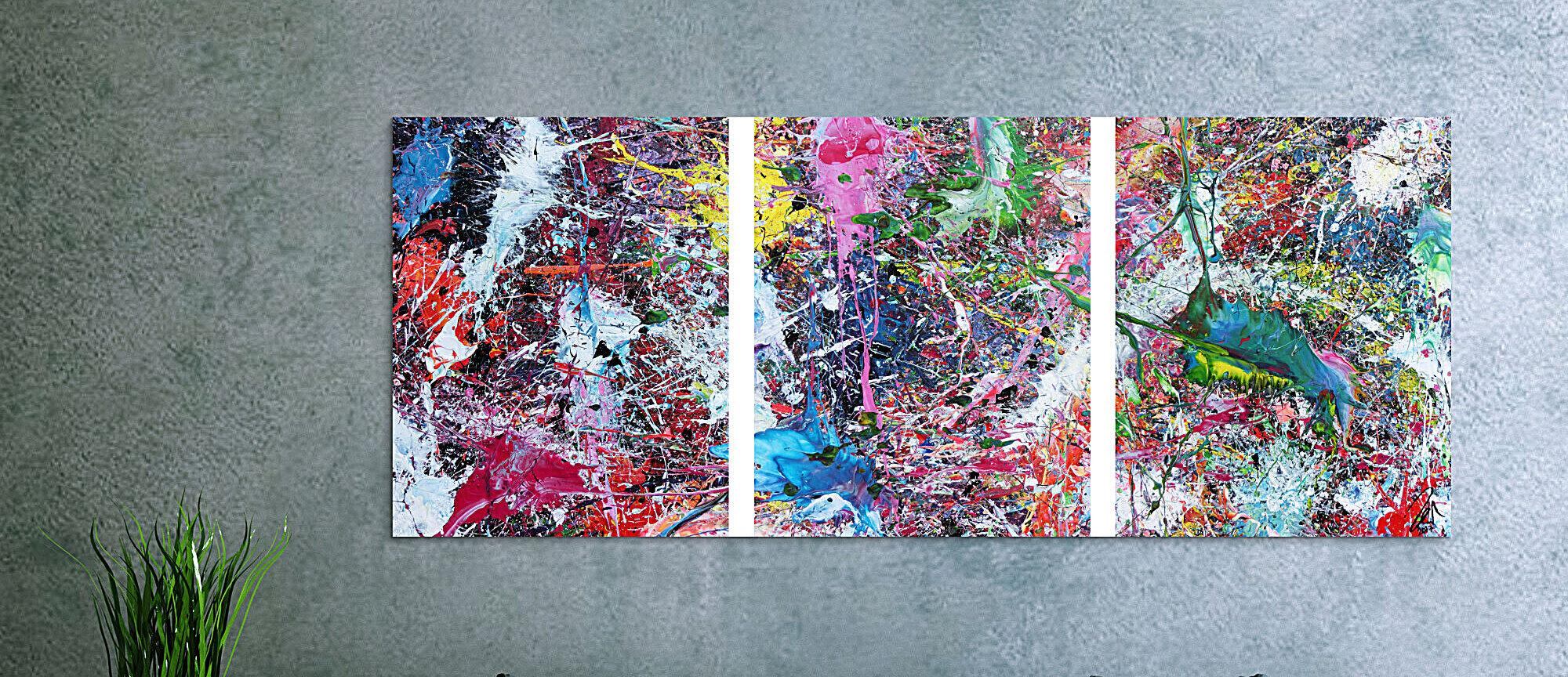 Abstraktes Gemälde sehr bunt drei Teile Triptychon modern Actionpainting expressionstisch