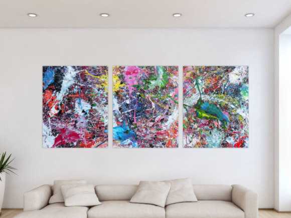 Abstraktes Gemälde sehr bunt drei Teile Triptychon modern Actionpainting expressionstisch