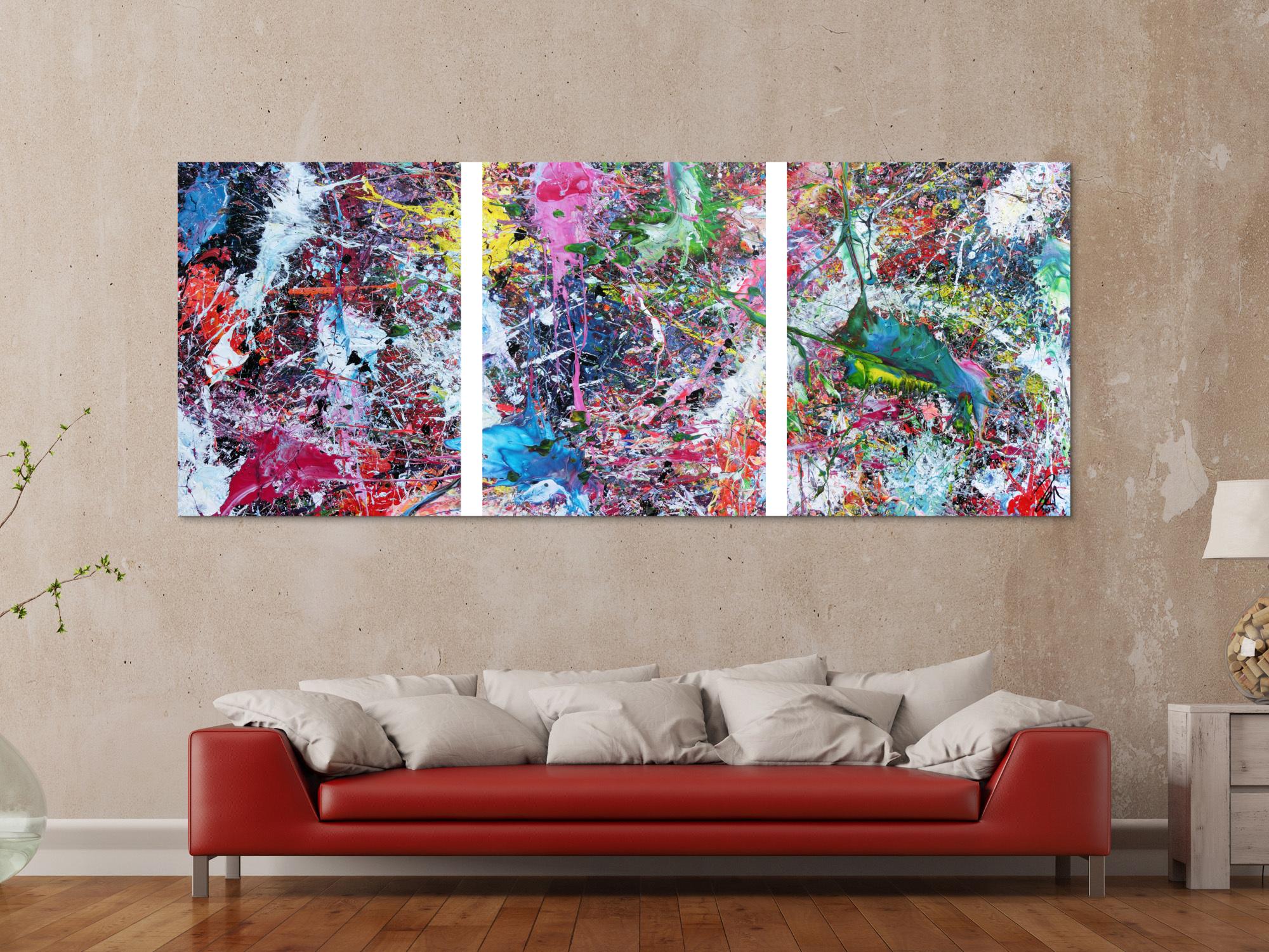 Abstraktes Gemälde sehr bunt drei Teile Triptychon modern Actionpainting expressionstisch