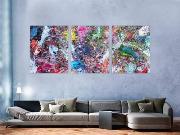 Abstraktes Gemälde sehr bunt drei Teile Triptychon modern Actionpainting expressionstisch