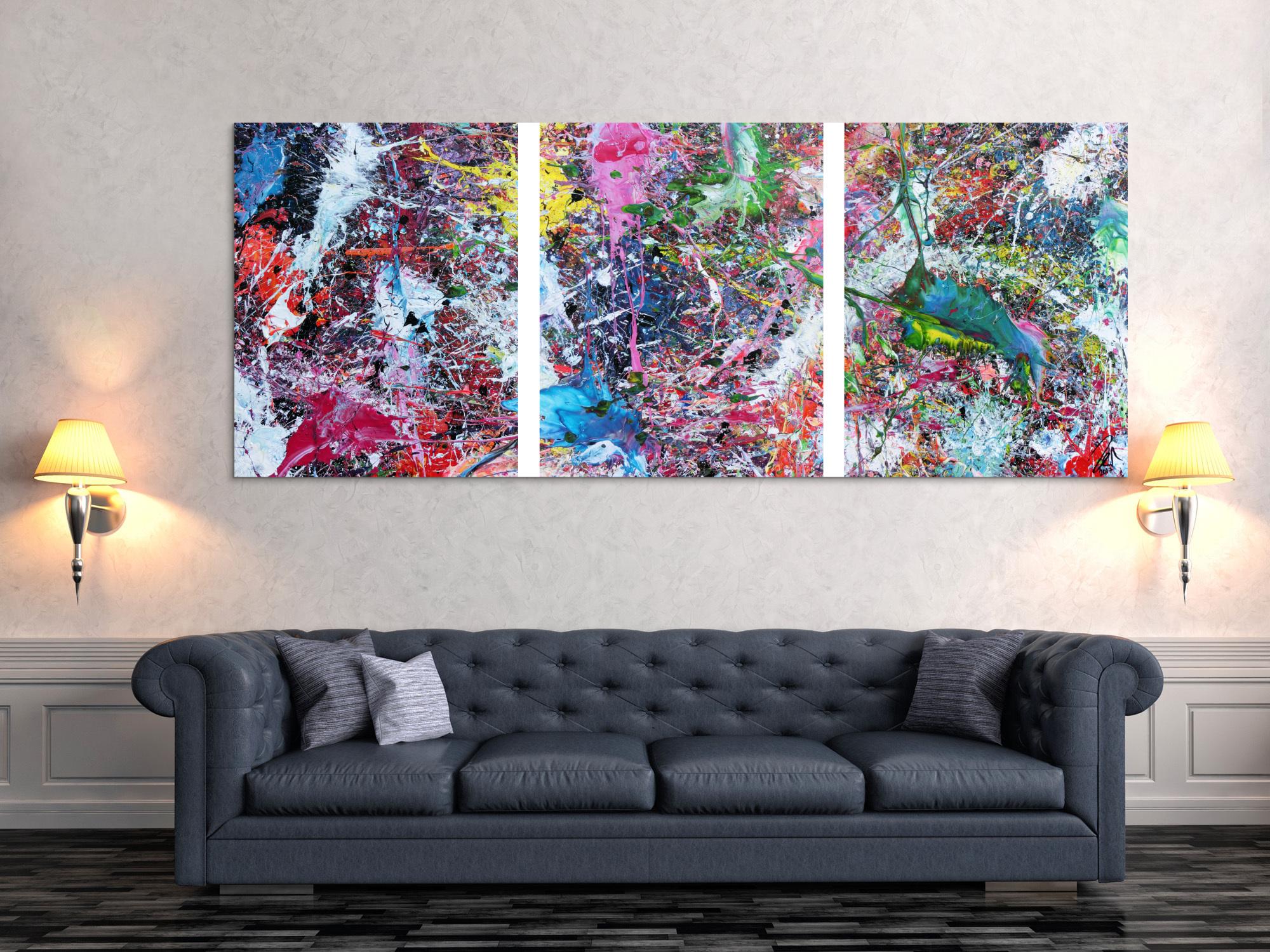 Abstraktes Gemälde sehr bunt drei Teile Triptychon modern Actionpainting expressionstisch
