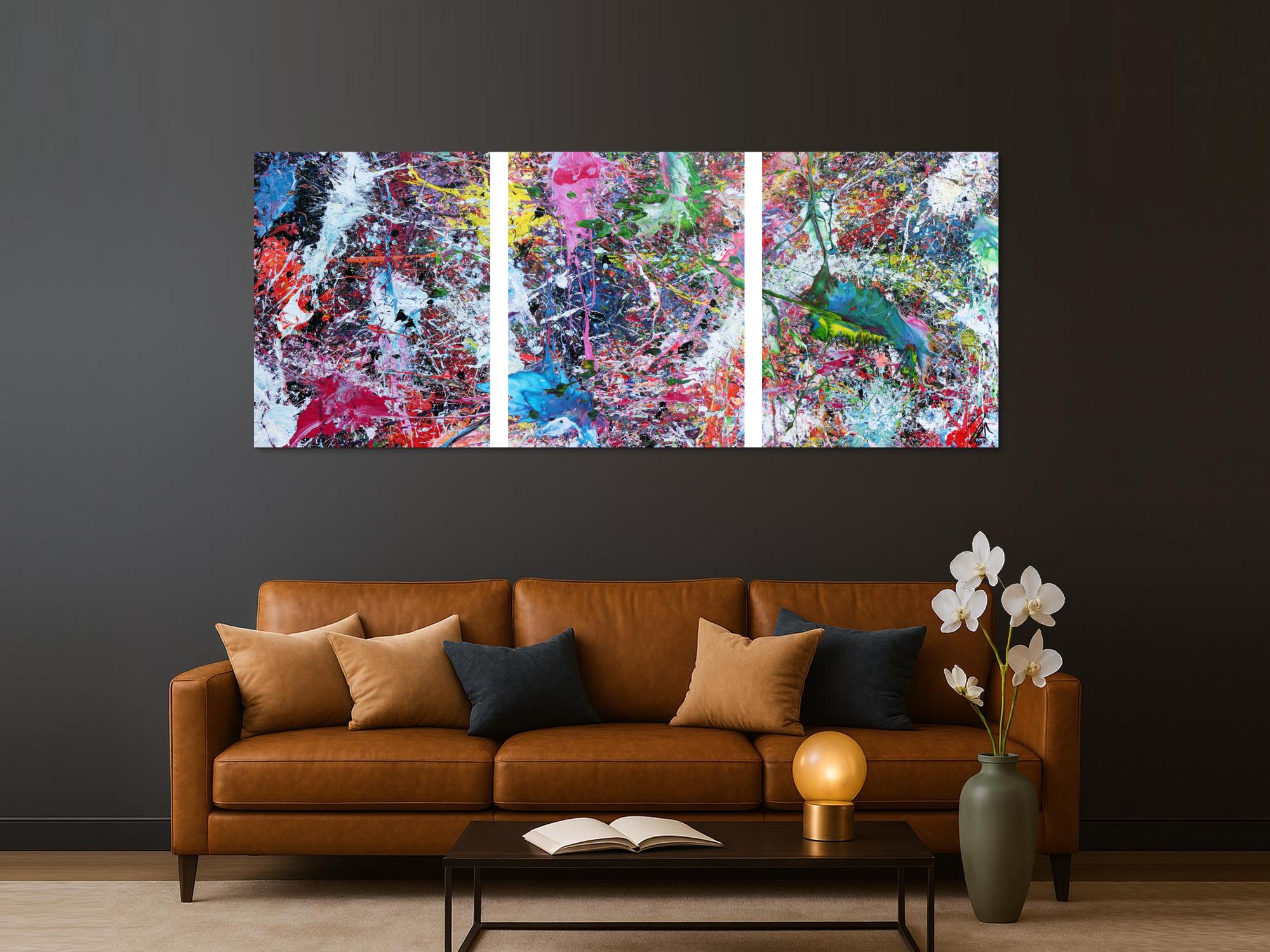 Abstraktes Gemälde sehr bunt drei Teile Triptychon modern Actionpainting expressionstisch