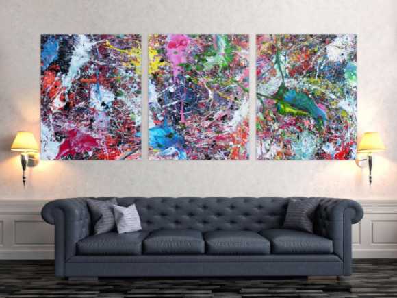 Abstraktes Gemälde sehr bunt drei Teile Triptychon modern Actionpainting expressionstisch