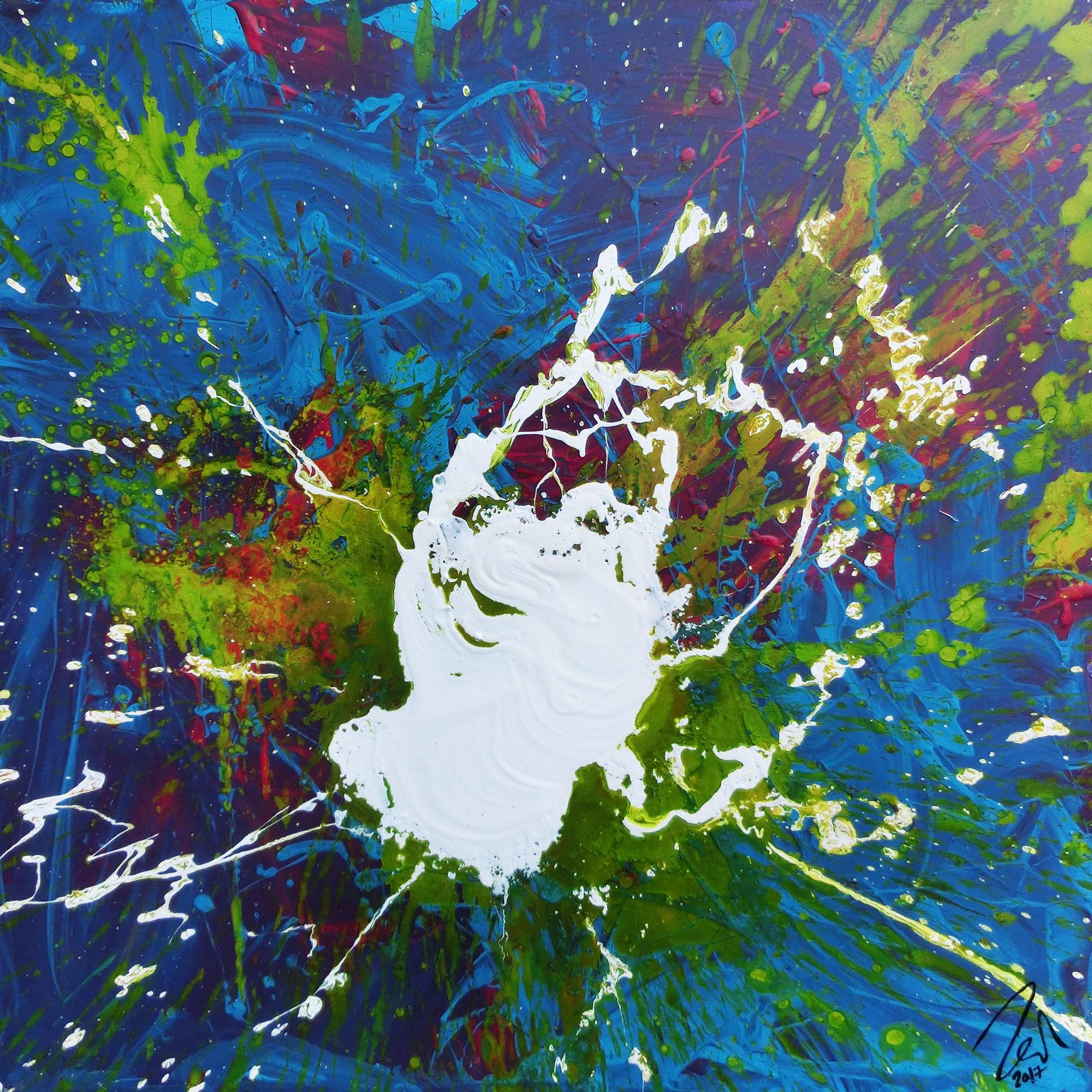 Abstraktes Acrylbild weißer Fleck auf türkisem Hintergrund modern Splash Art