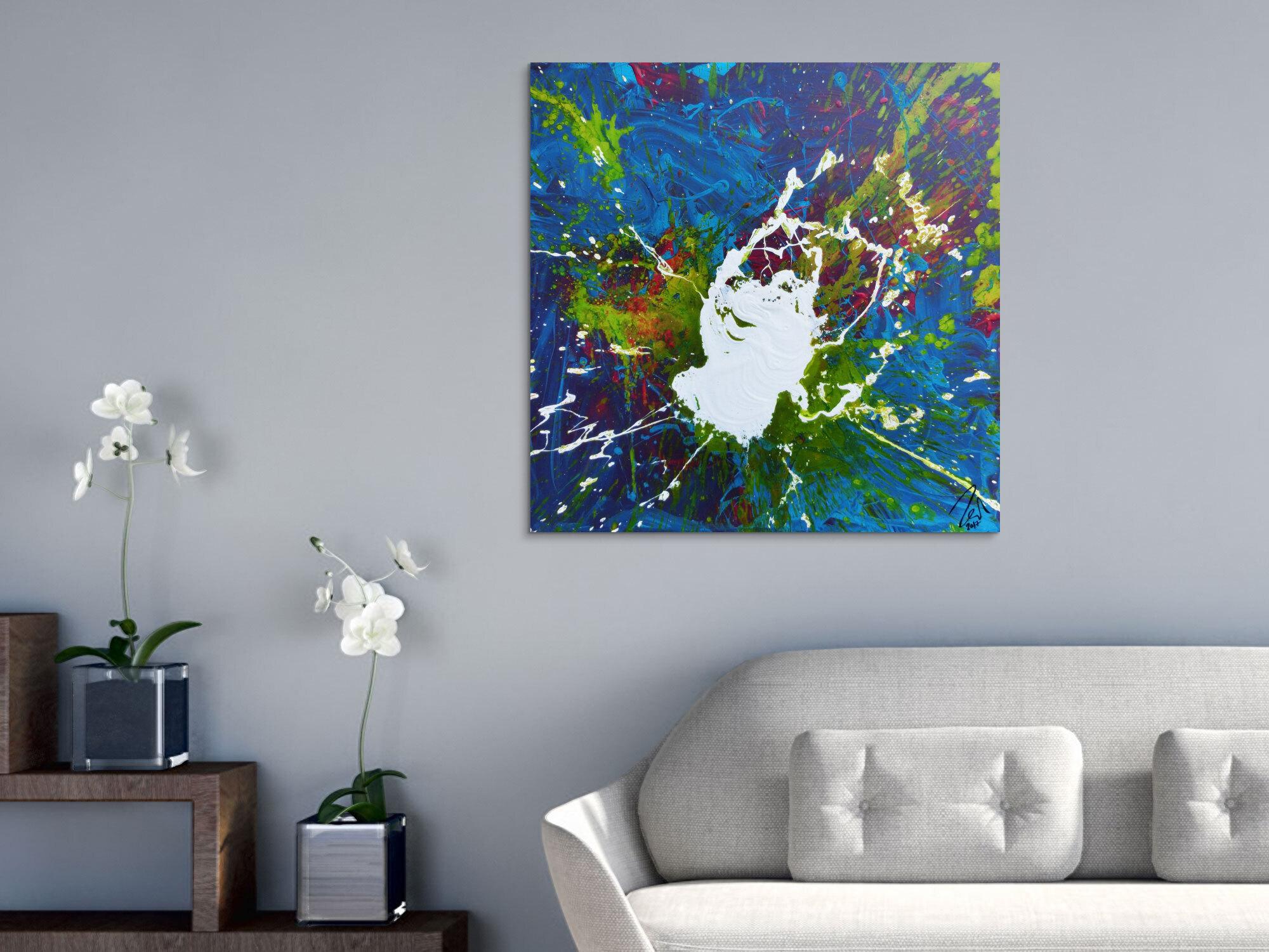 Abstraktes Acrylbild weißer Fleck auf türkisem Hintergrund modern Splash Art