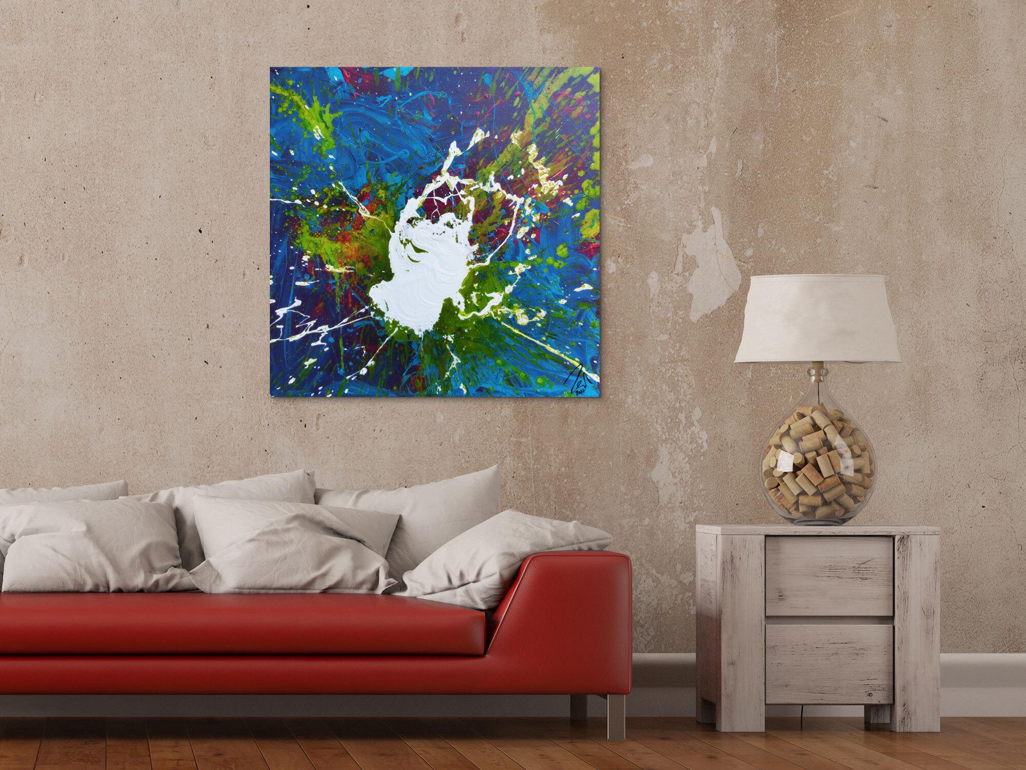 Abstraktes Acrylbild weißer Fleck auf türkisem Hintergrund modern Splash Art