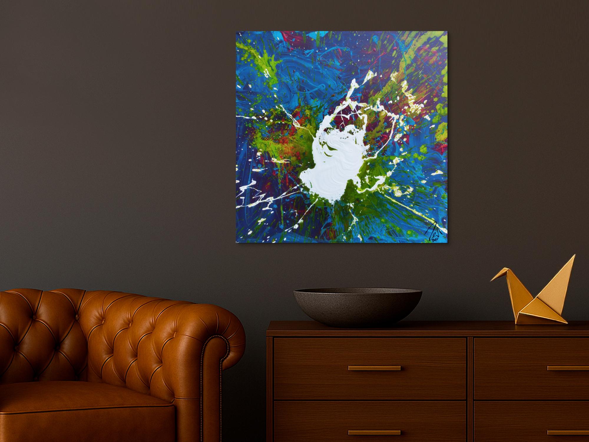 Abstraktes Acrylbild weißer Fleck auf türkisem Hintergrund modern Splash Art