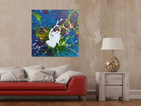 Abstraktes Acrylbild weißer Fleck auf türkisem Hintergrund modern Splash Art