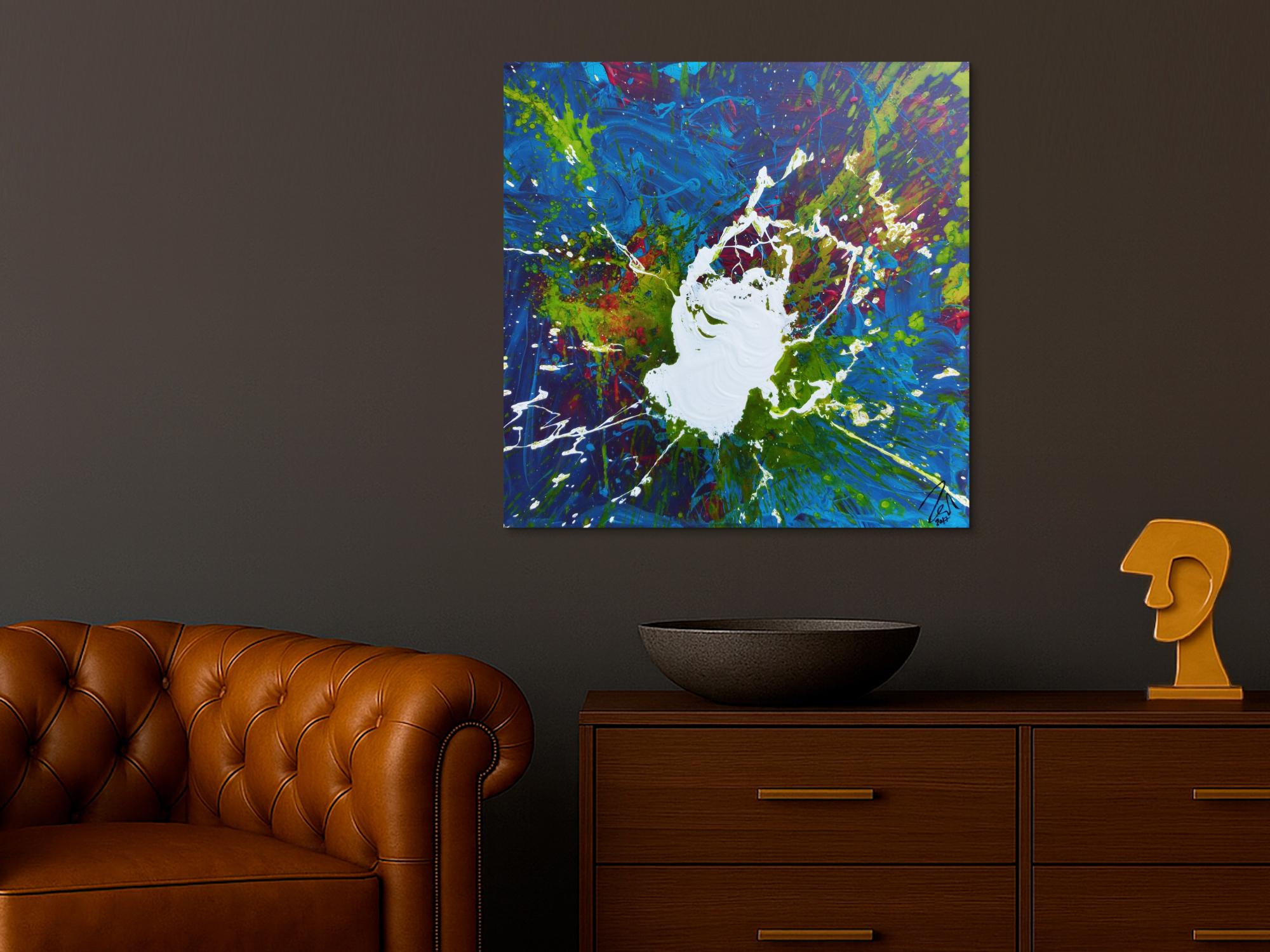 Abstraktes Acrylbild weißer Fleck auf türkisem Hintergrund modern Splash Art