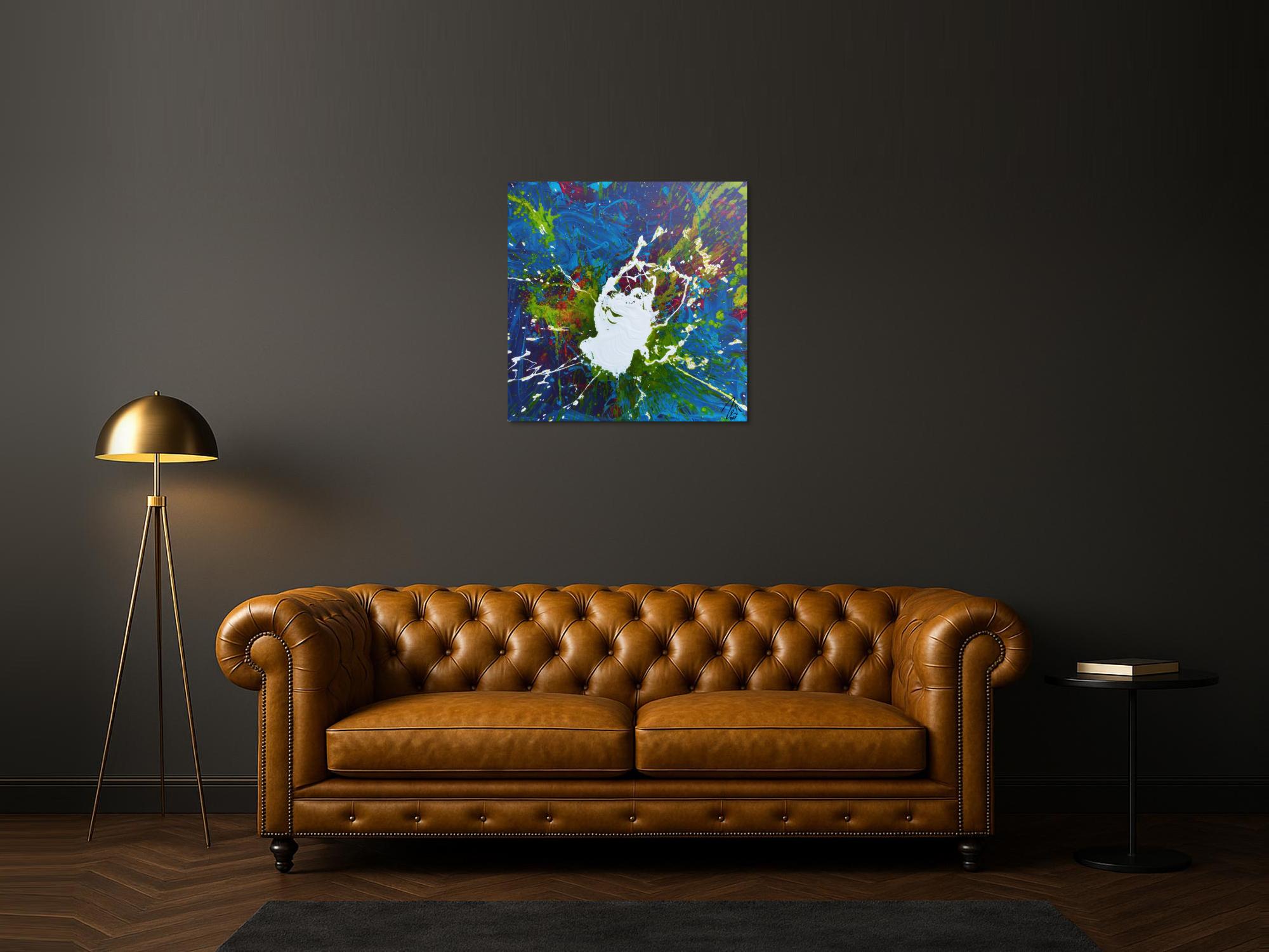 Abstraktes Acrylbild weißer Fleck auf türkisem Hintergrund modern Splash Art