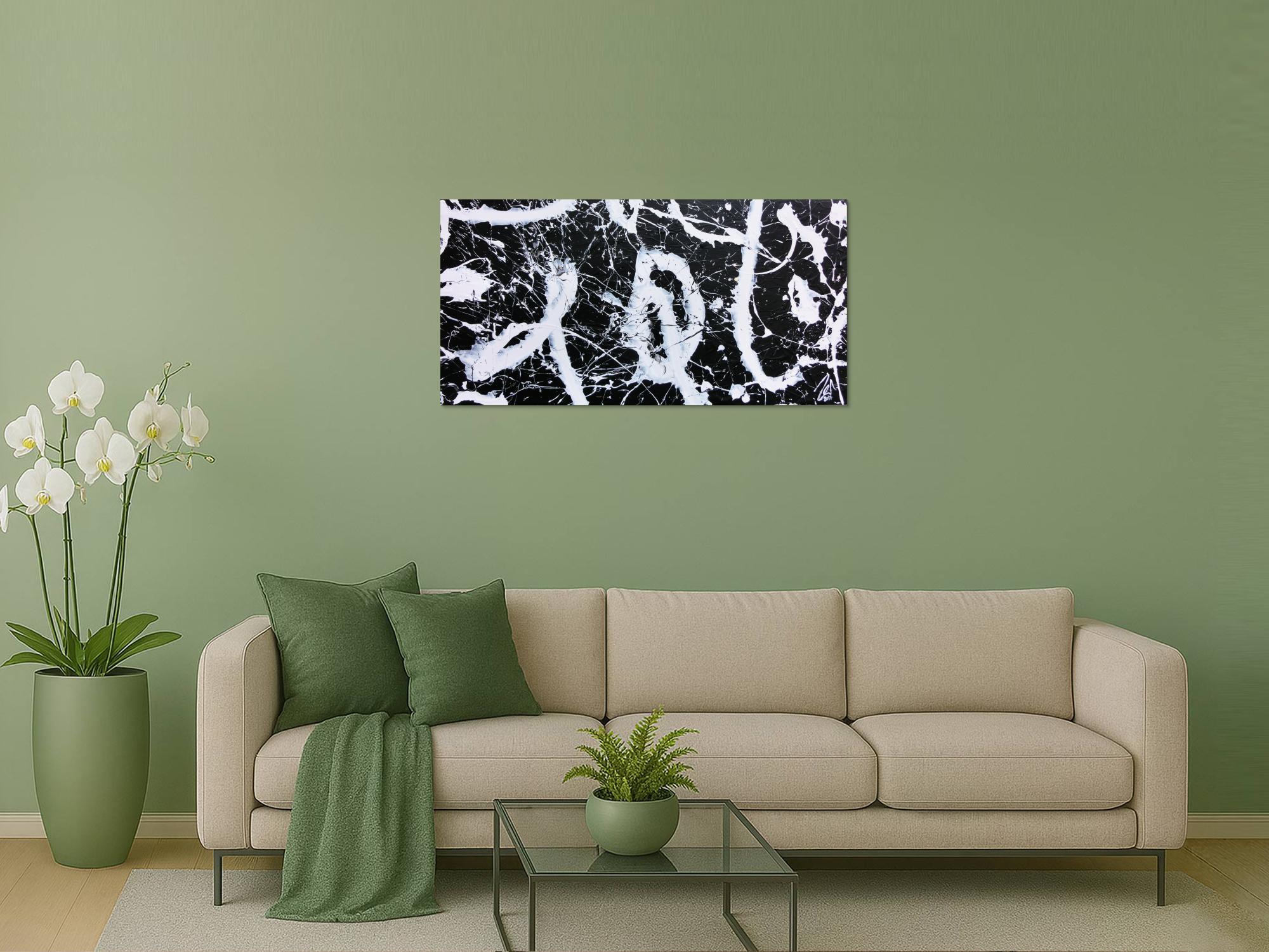 Minimalistisches abstraktes Bild schwarz weiß modern Spash Art Action Painting expressionistisch