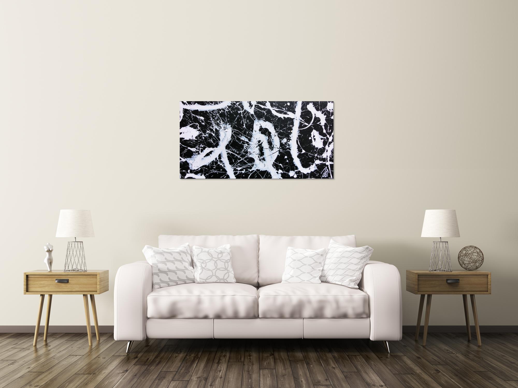 Minimalistisches abstraktes Bild schwarz weiß modern Spash Art Action Painting expressionistisch