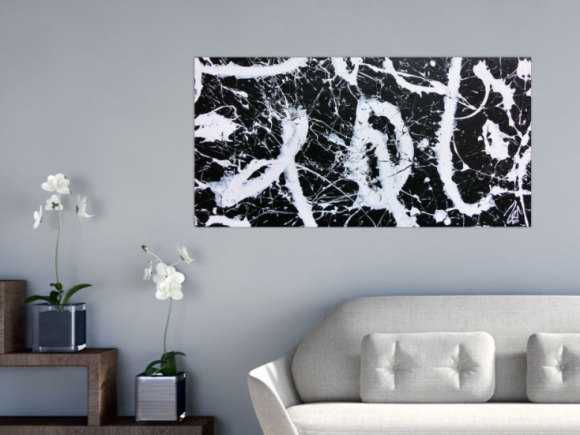 Minimalistisches abstraktes Bild schwarz weiß modern Spash Art Action Painting expressionistisch