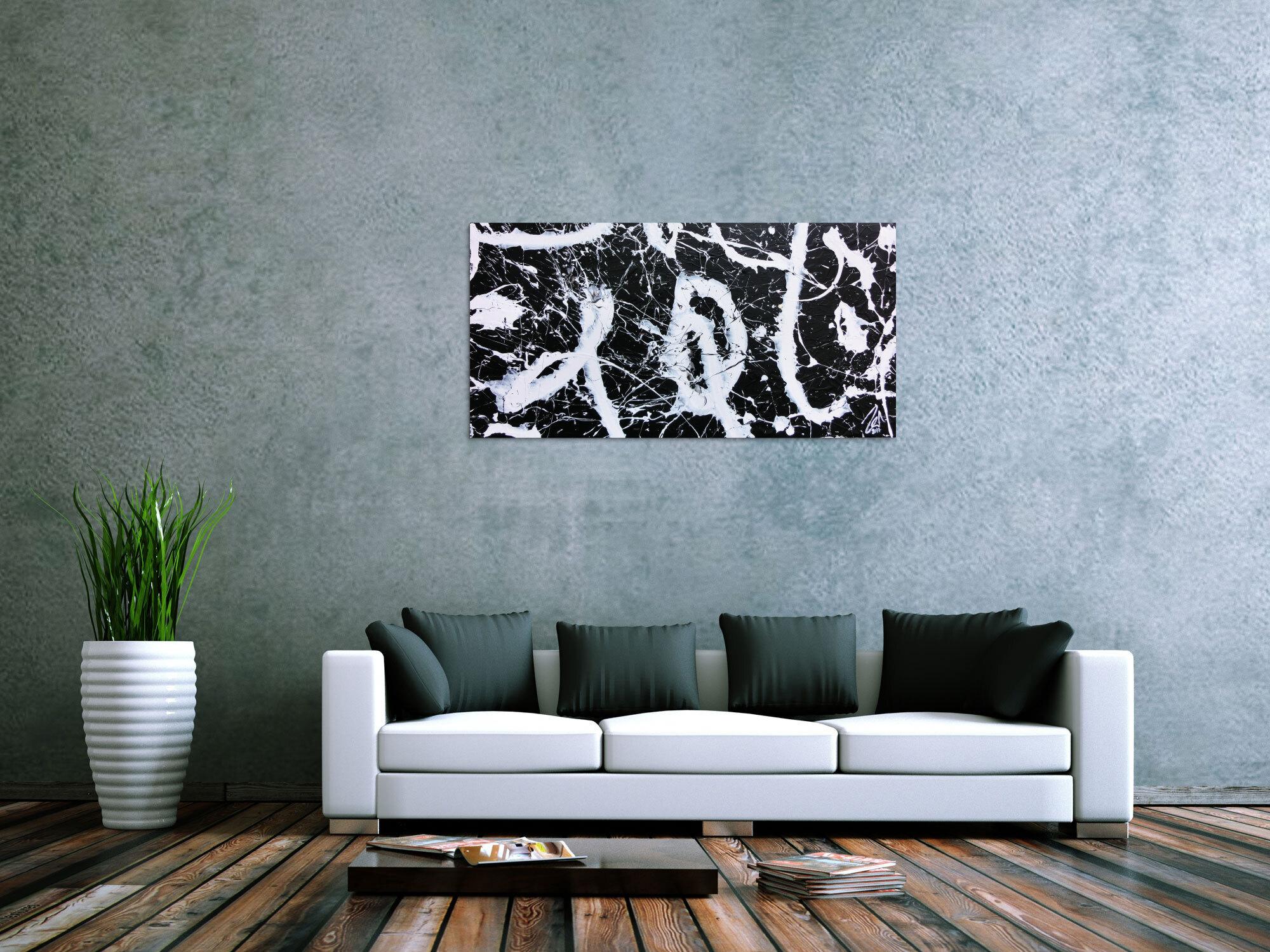 Minimalistisches abstraktes Bild schwarz weiß modern Spash Art Action Painting expressionistisch