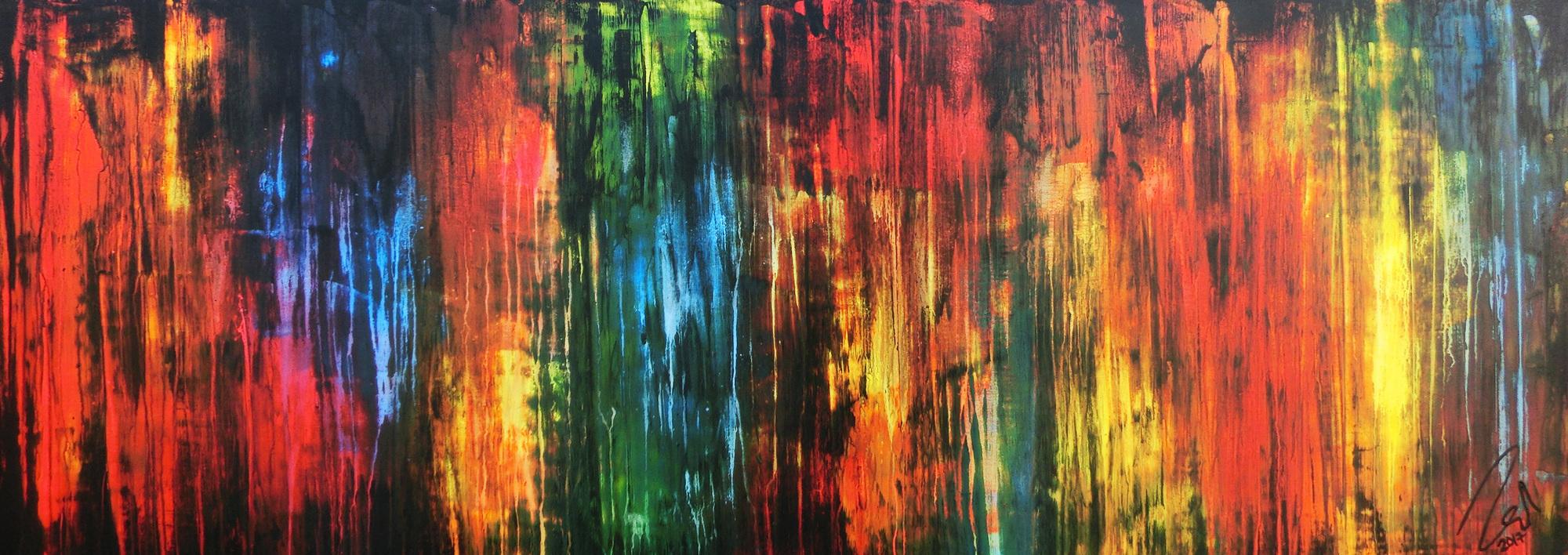 Abstraktes Acrylbild vintage Style bunt modern in rot gelb grün blau schwarz