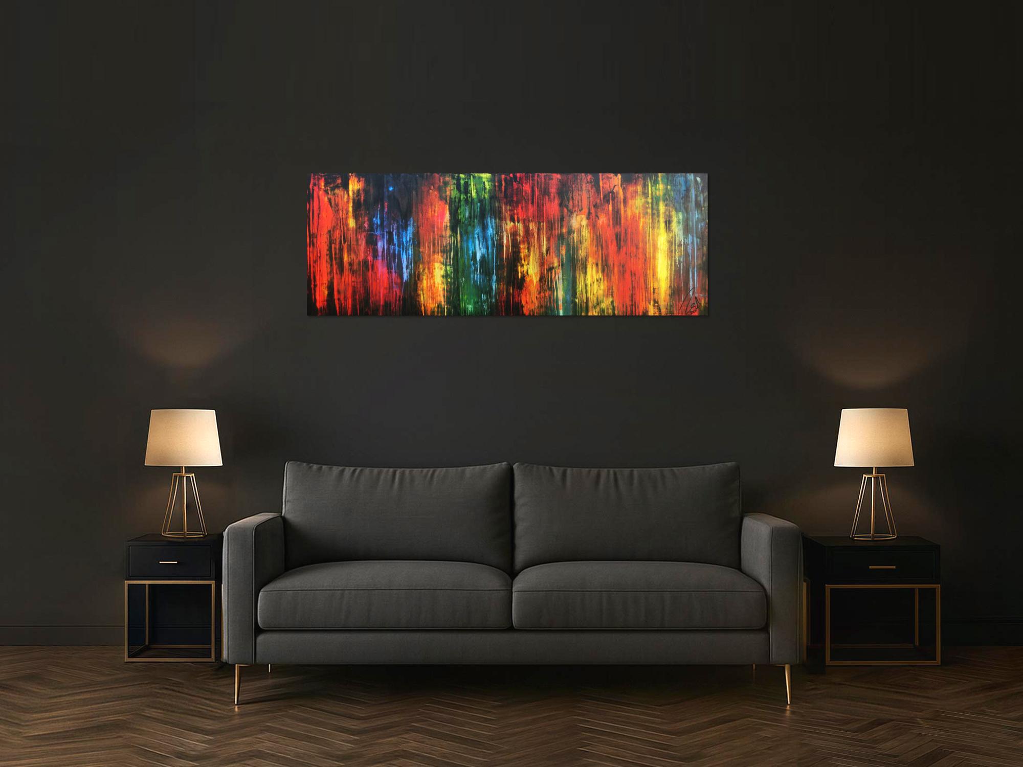 Abstraktes Acrylbild vintage Style bunt modern in rot gelb grün blau schwarz