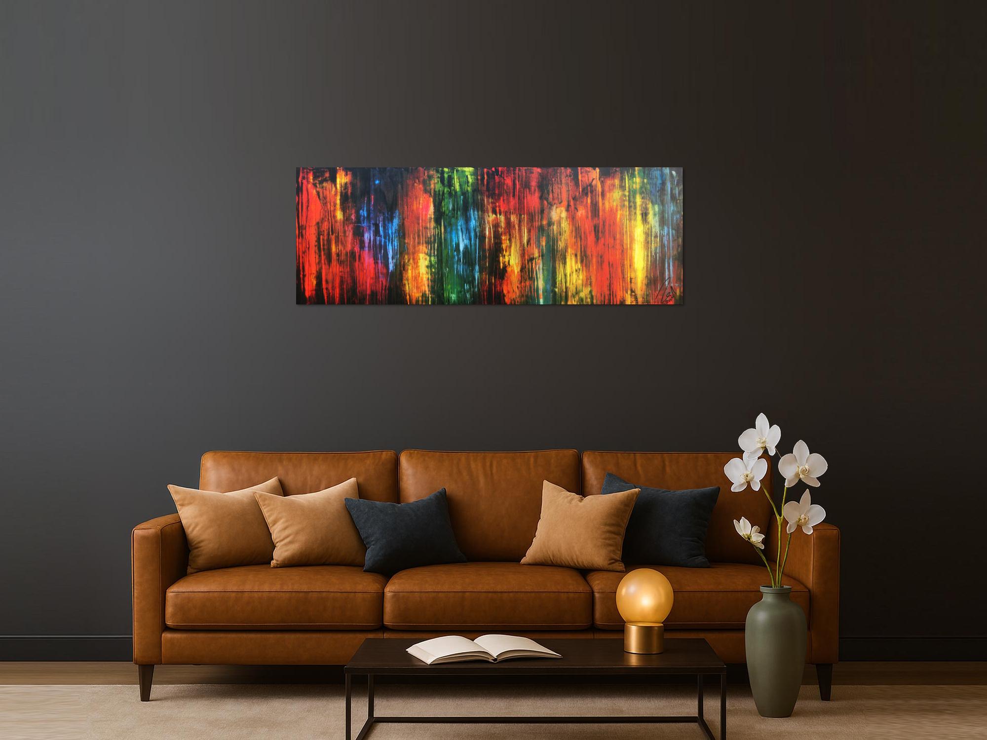 Abstraktes Acrylbild vintage Style bunt modern in rot gelb grün blau schwarz