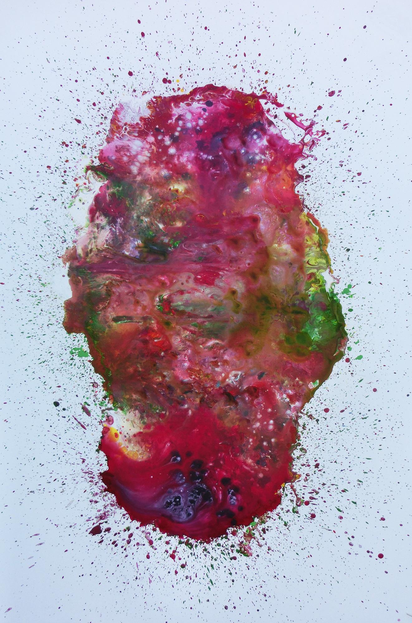 Abstraktes Acrylbild verlaufene Farben modern in pink berry rosa violett grün