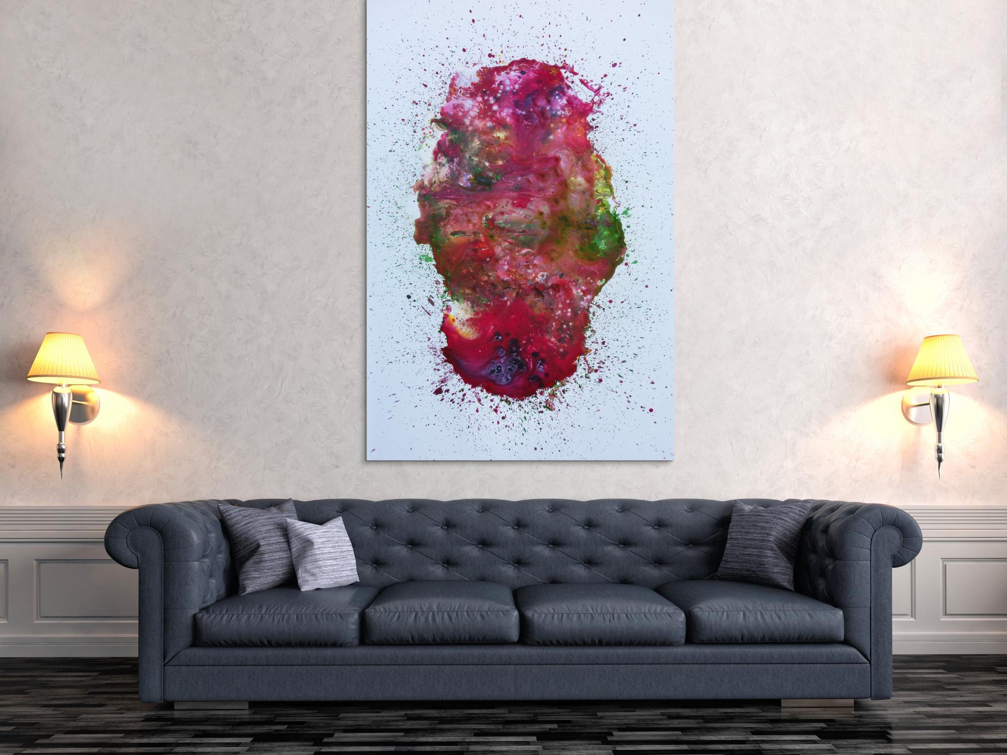 Abstraktes Acrylbild verlaufene Farben modern in pink berry rosa violett grün