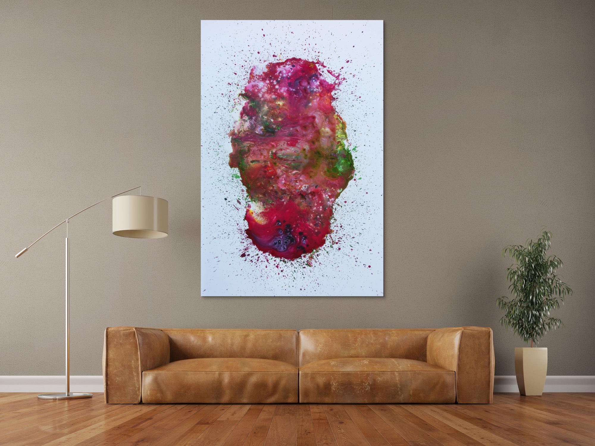 Abstraktes Acrylbild verlaufene Farben modern in pink berry rosa violett grün