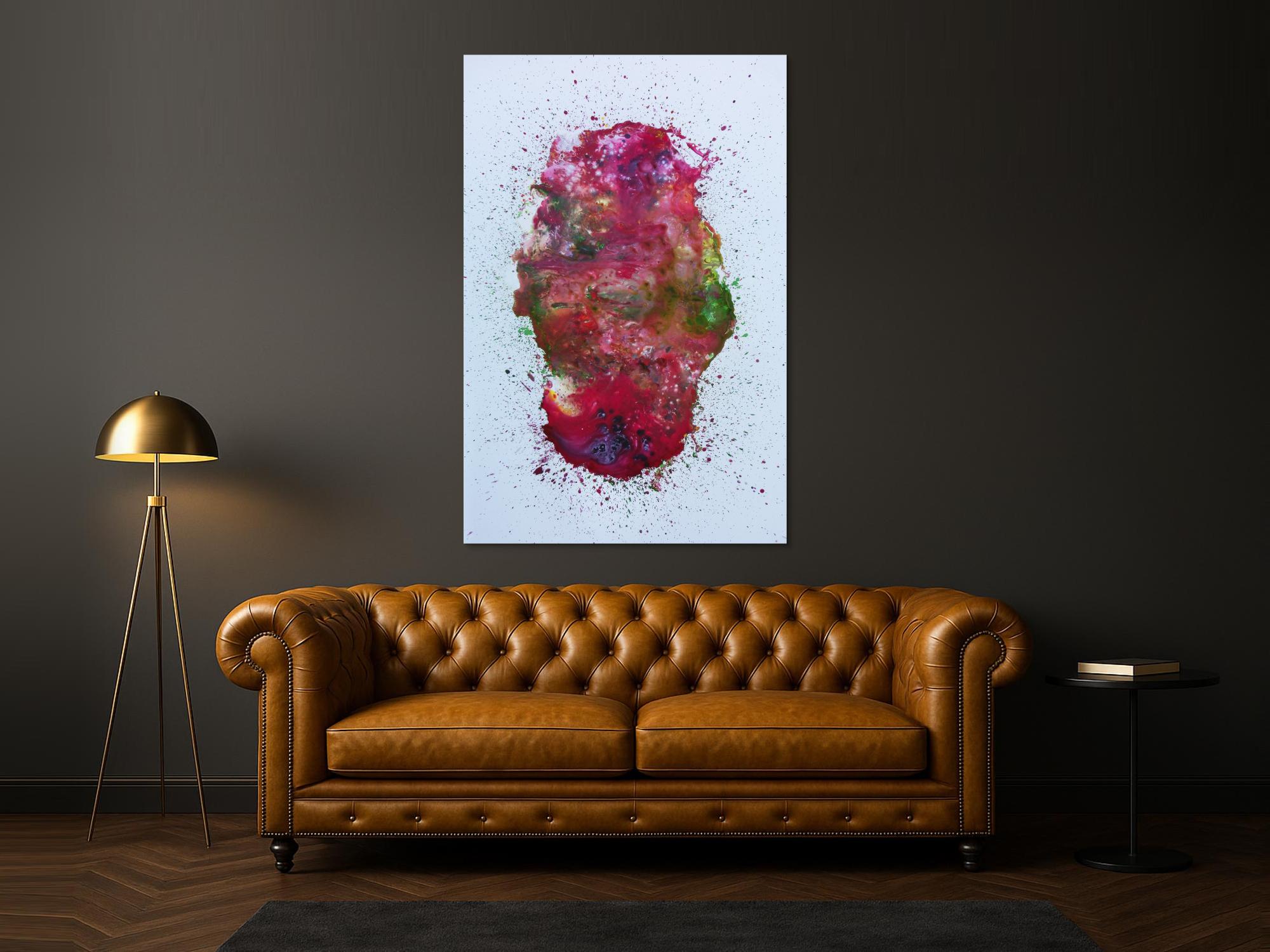 Abstraktes Acrylbild verlaufene Farben modern in pink berry rosa violett grün