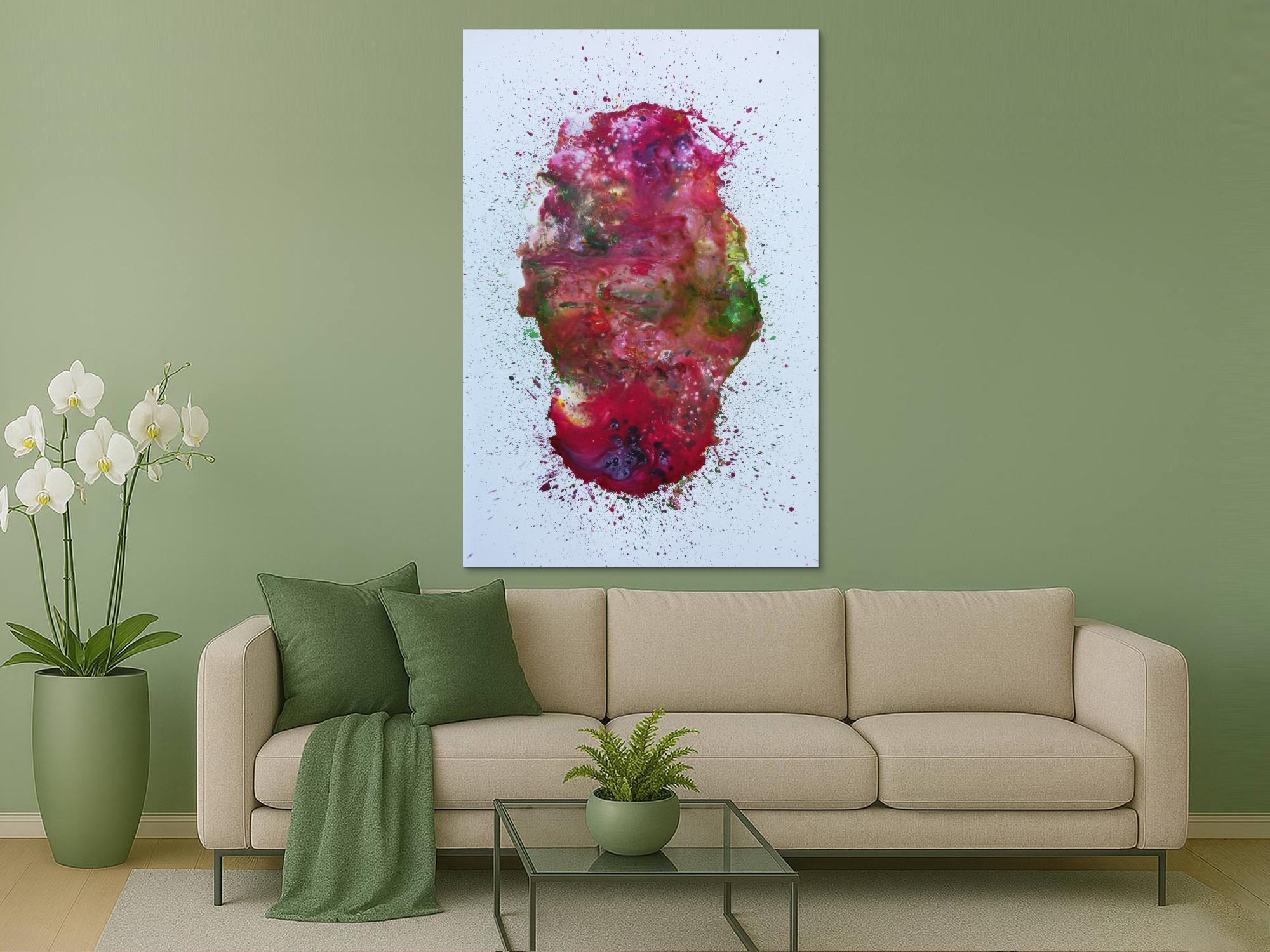 Abstraktes Acrylbild verlaufene Farben modern in pink berry rosa violett grün