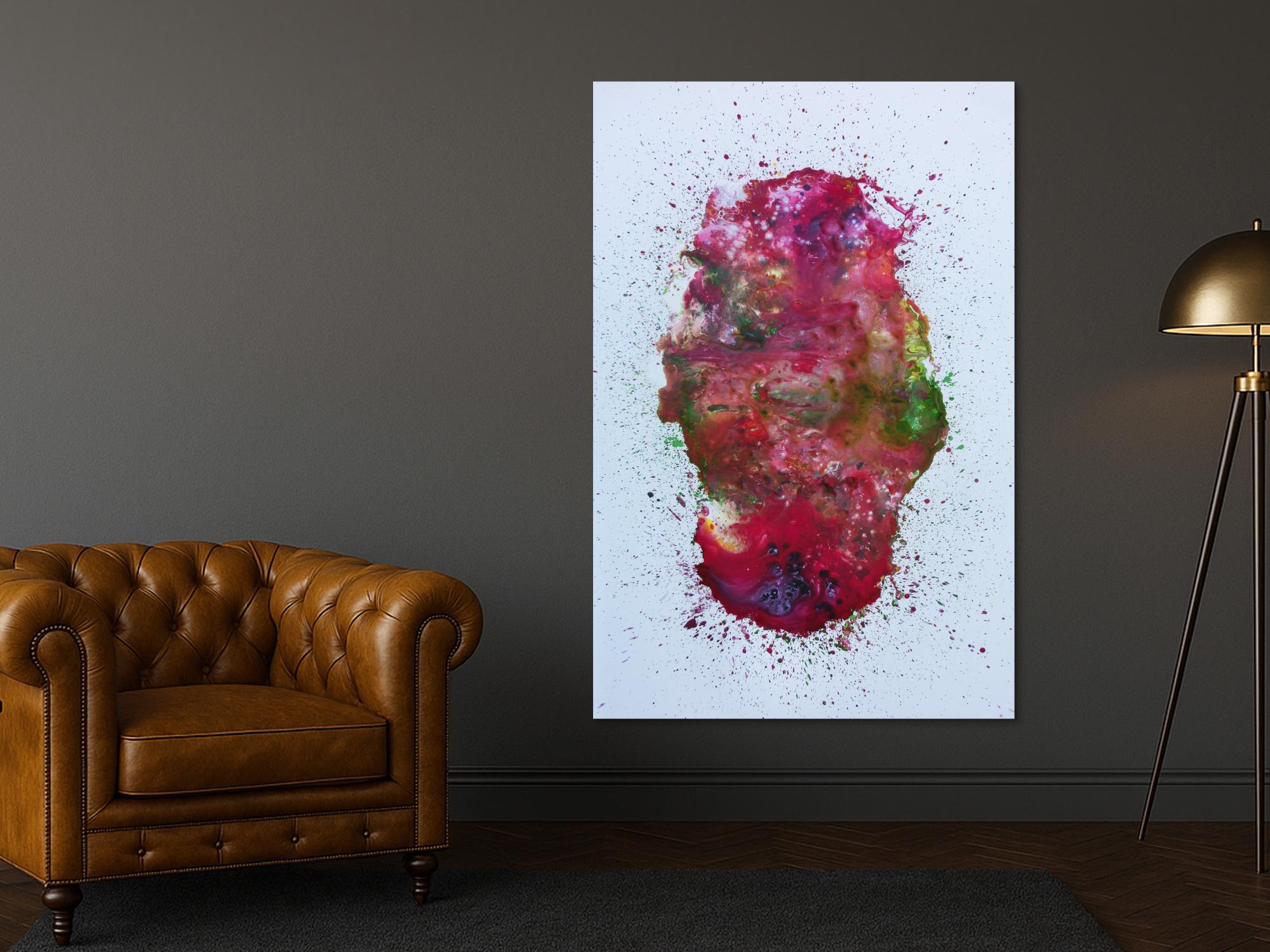 Abstraktes Acrylbild verlaufene Farben modern in pink berry rosa violett grün