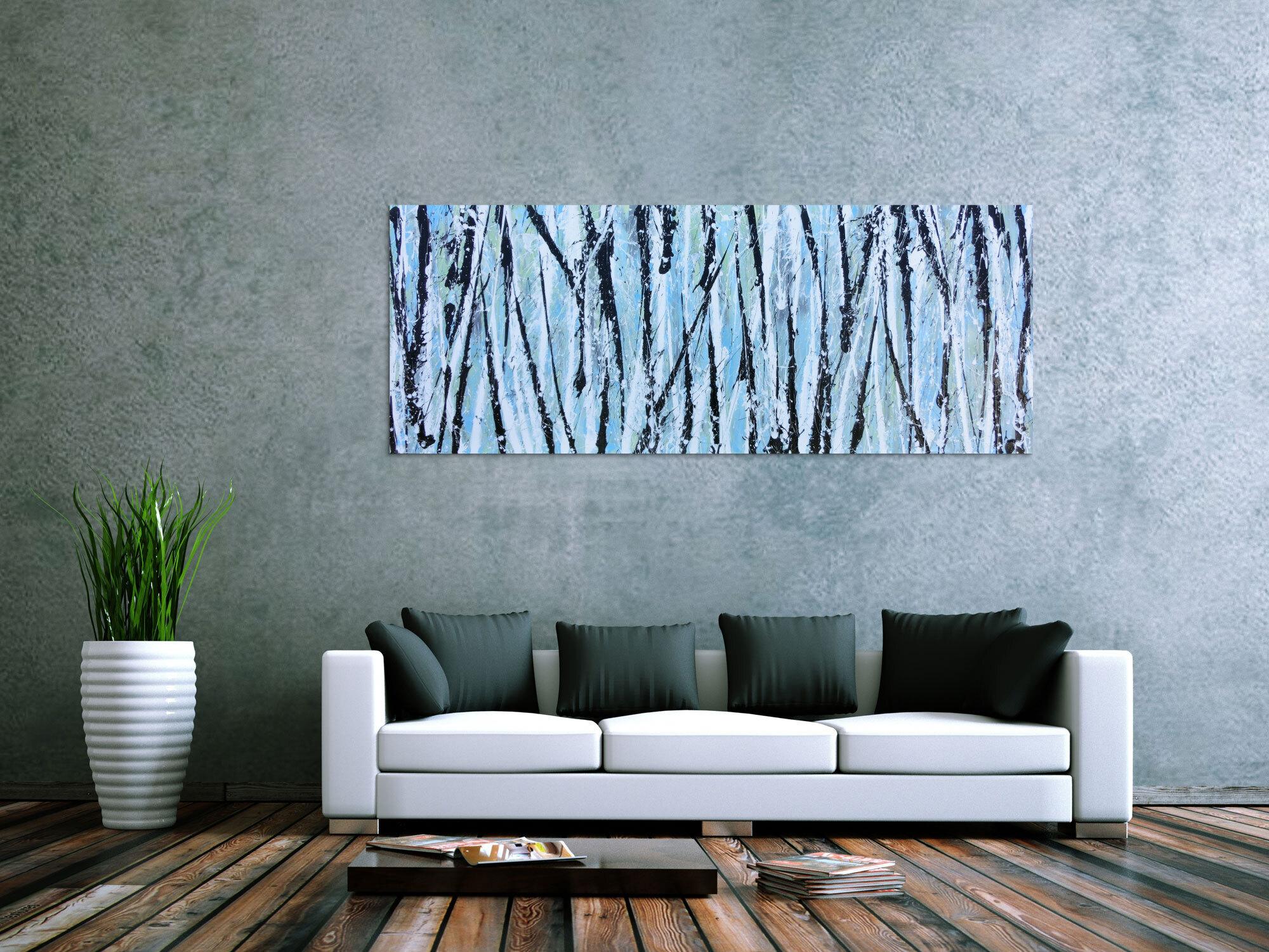 Modernes abstraktes Acrylbild in hellblau mintgrün grau schwaz weiß Actionpainting