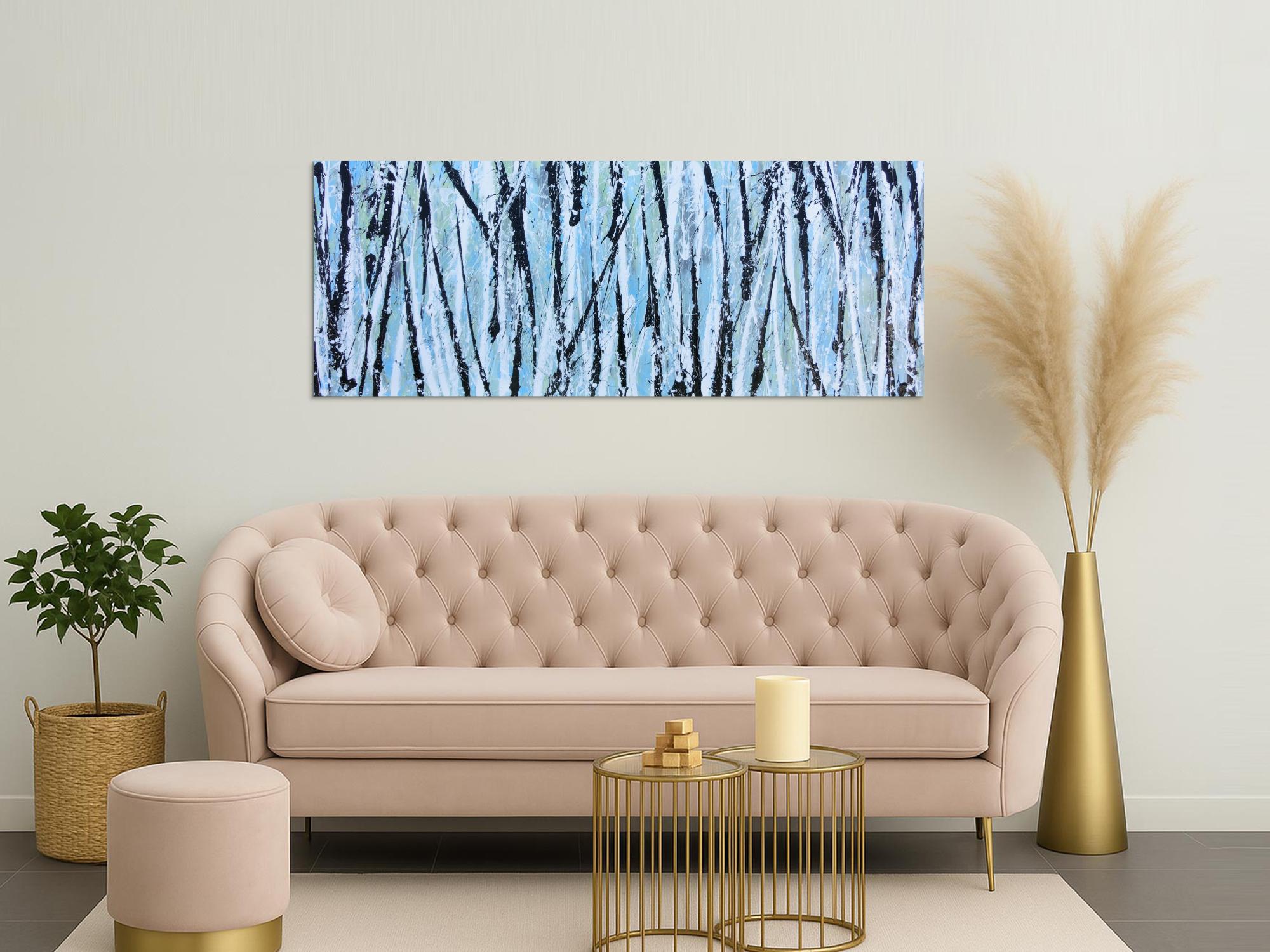 Modernes abstraktes Acrylbild in hellblau mintgrün grau schwaz weiß Actionpainting