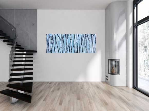 Modernes abstraktes Acrylbild in hellblau mintgrün grau schwaz weiß Actionpainting