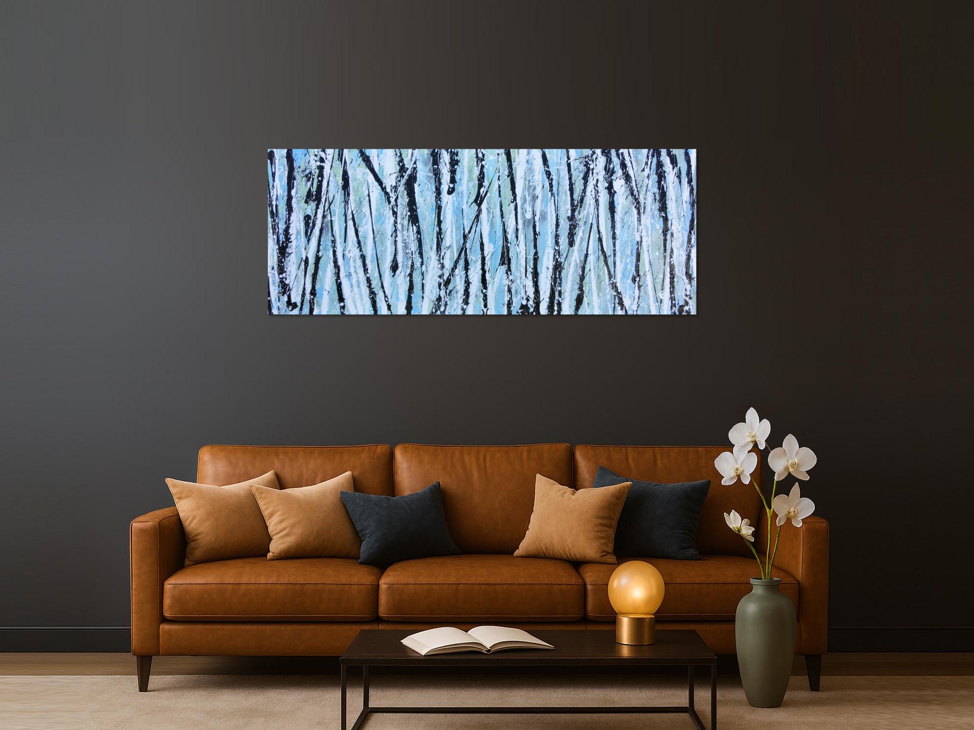 Modernes abstraktes Acrylbild in hellblau mintgrün grau schwaz weiß Actionpainting