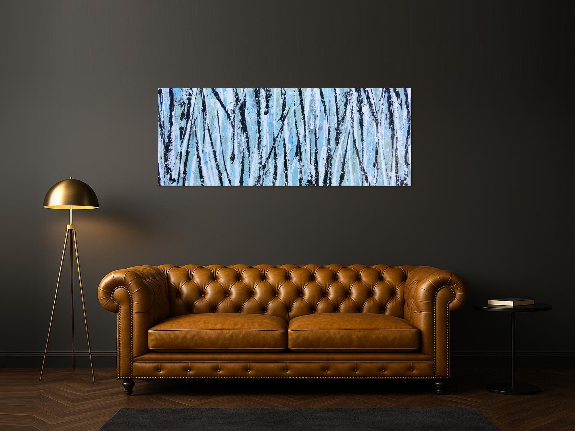 Modernes abstraktes Acrylbild in hellblau mintgrün grau schwaz weiß Actionpainting