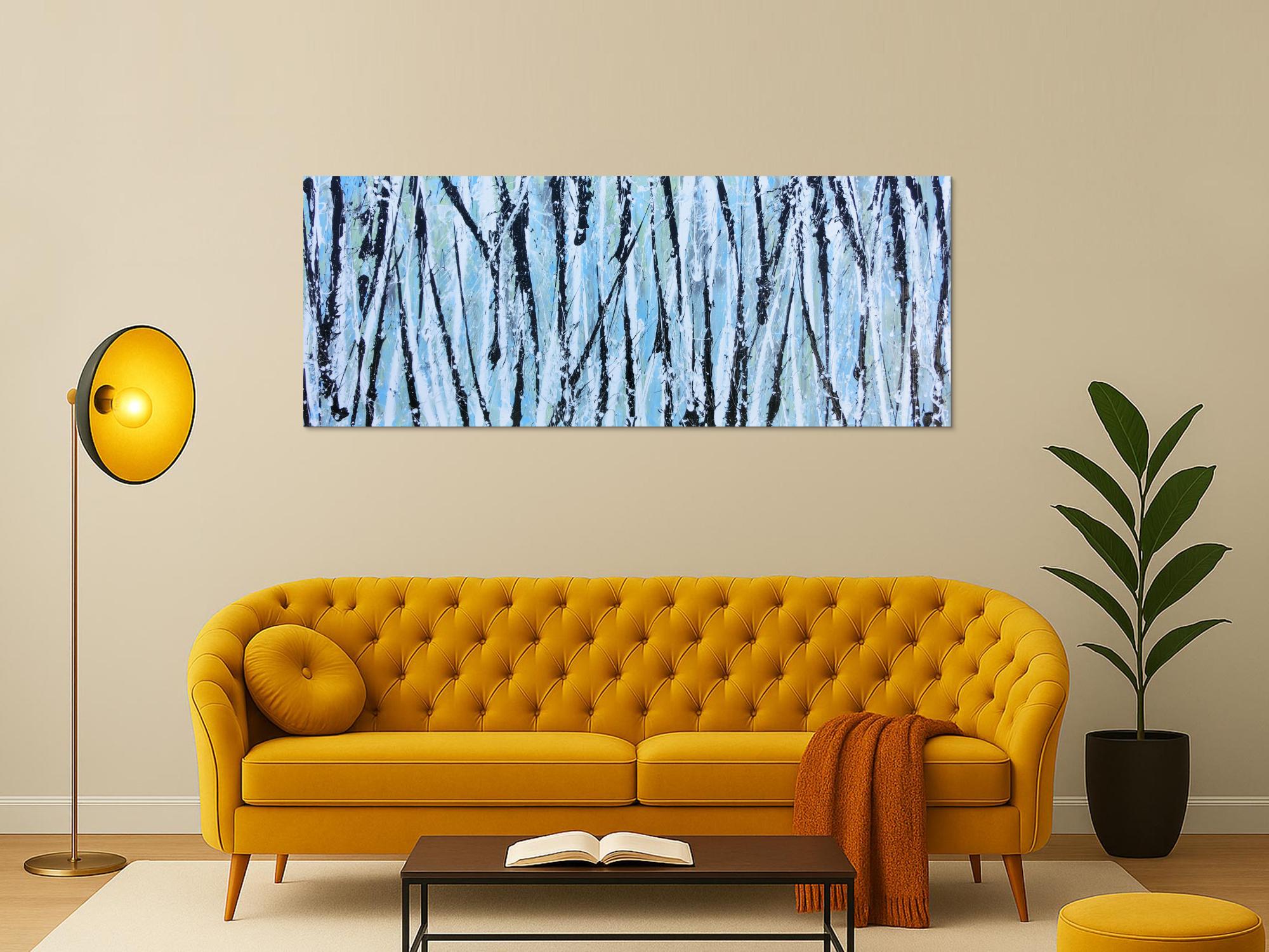 Modernes abstraktes Acrylbild in hellblau mintgrün grau schwaz weiß Actionpainting