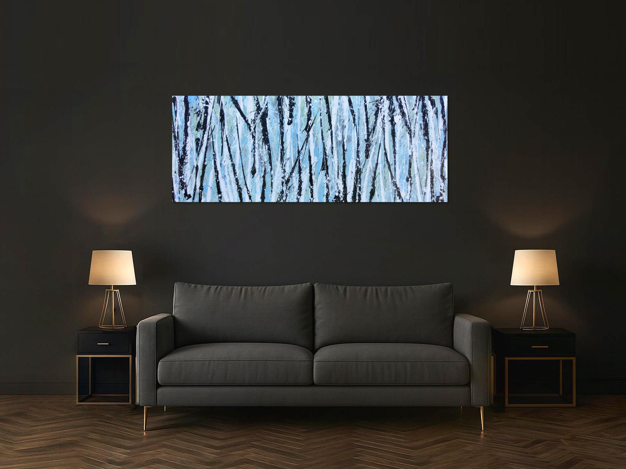 Modernes abstraktes Acrylbild in hellblau mintgrün grau schwaz weiß Actionpainting